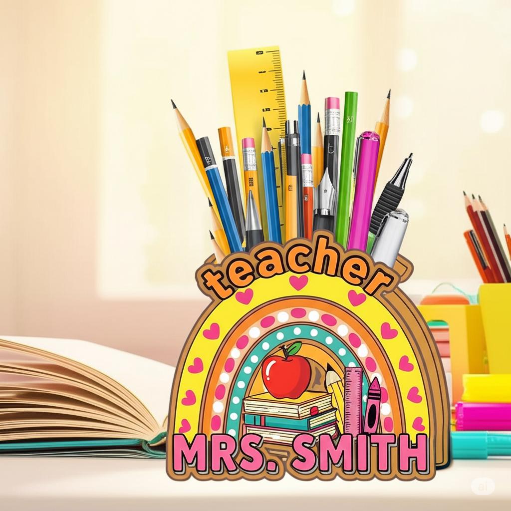 Personalized Teacher Pencil Holder – Rainbow Desk Organizer with Name – Custom Classroom Decor – Back to School Teacher Gift, Office Decor