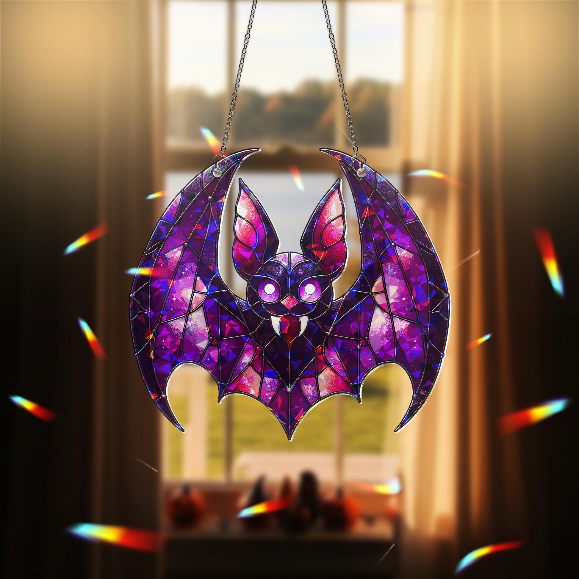 Purple Bat Suncatcher - Gothic Stained Glass Bat Decor - Halloween Window Hanging - Spooky Cute Bat Gift - Vampire Bat Wall Art