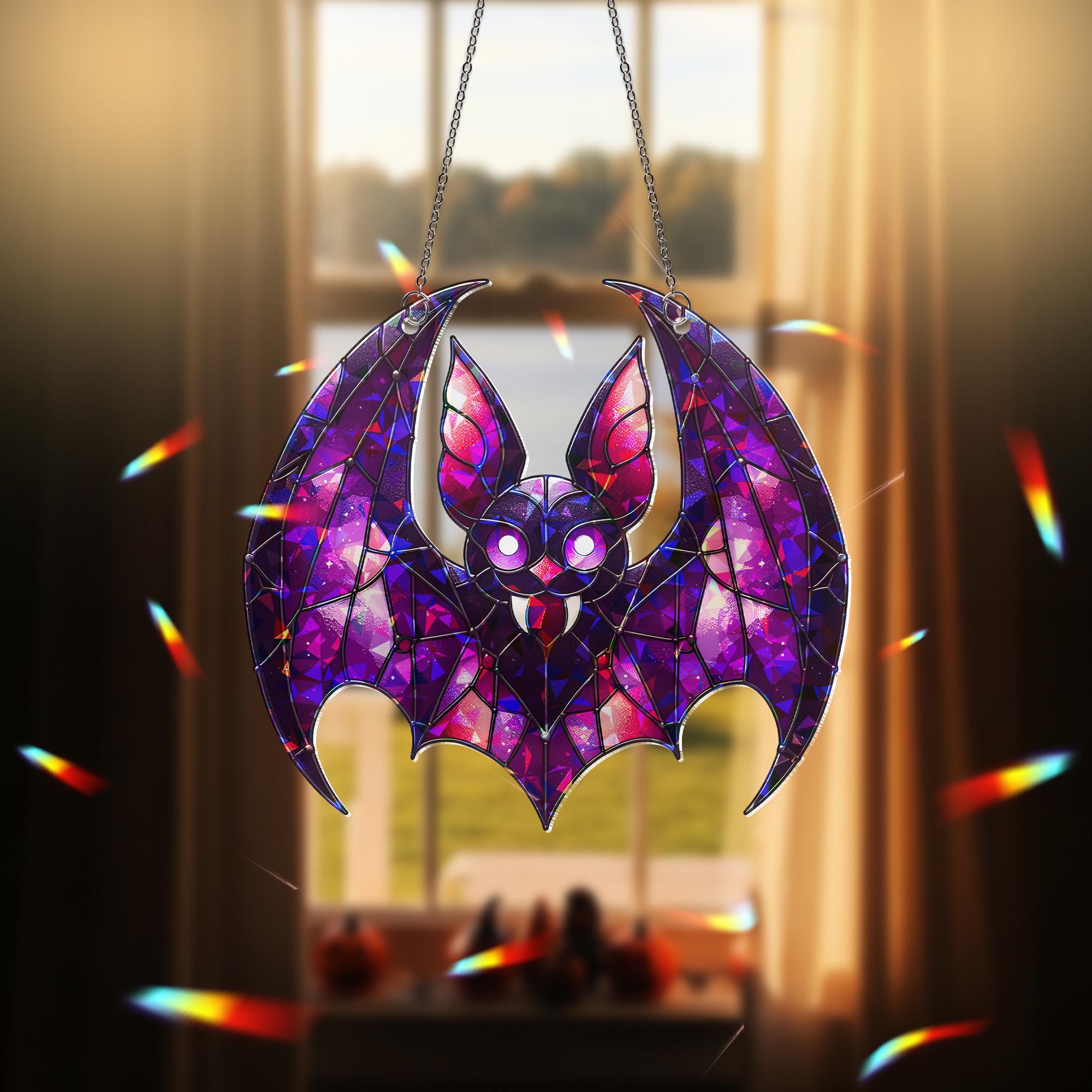 Purple Bat Suncatcher - Gothic Stained Glass Bat Decor - Halloween Window Hanging - Spooky Cute Bat Gift - Vampire Bat Wall Art