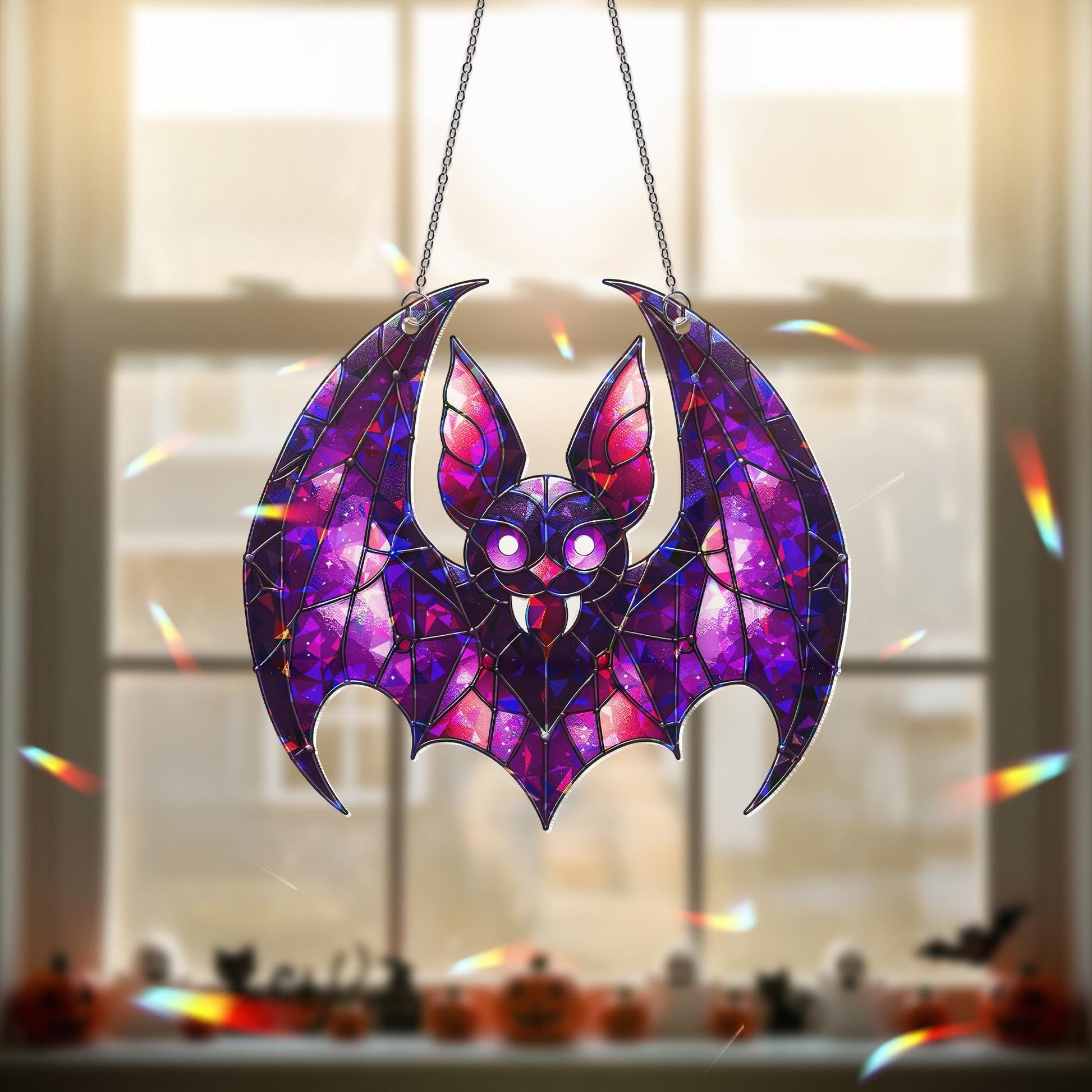 Purple Bat Suncatcher - Gothic Stained Glass Bat Decor - Halloween Window Hanging - Spooky Cute Bat Gift - Vampire Bat Wall Art