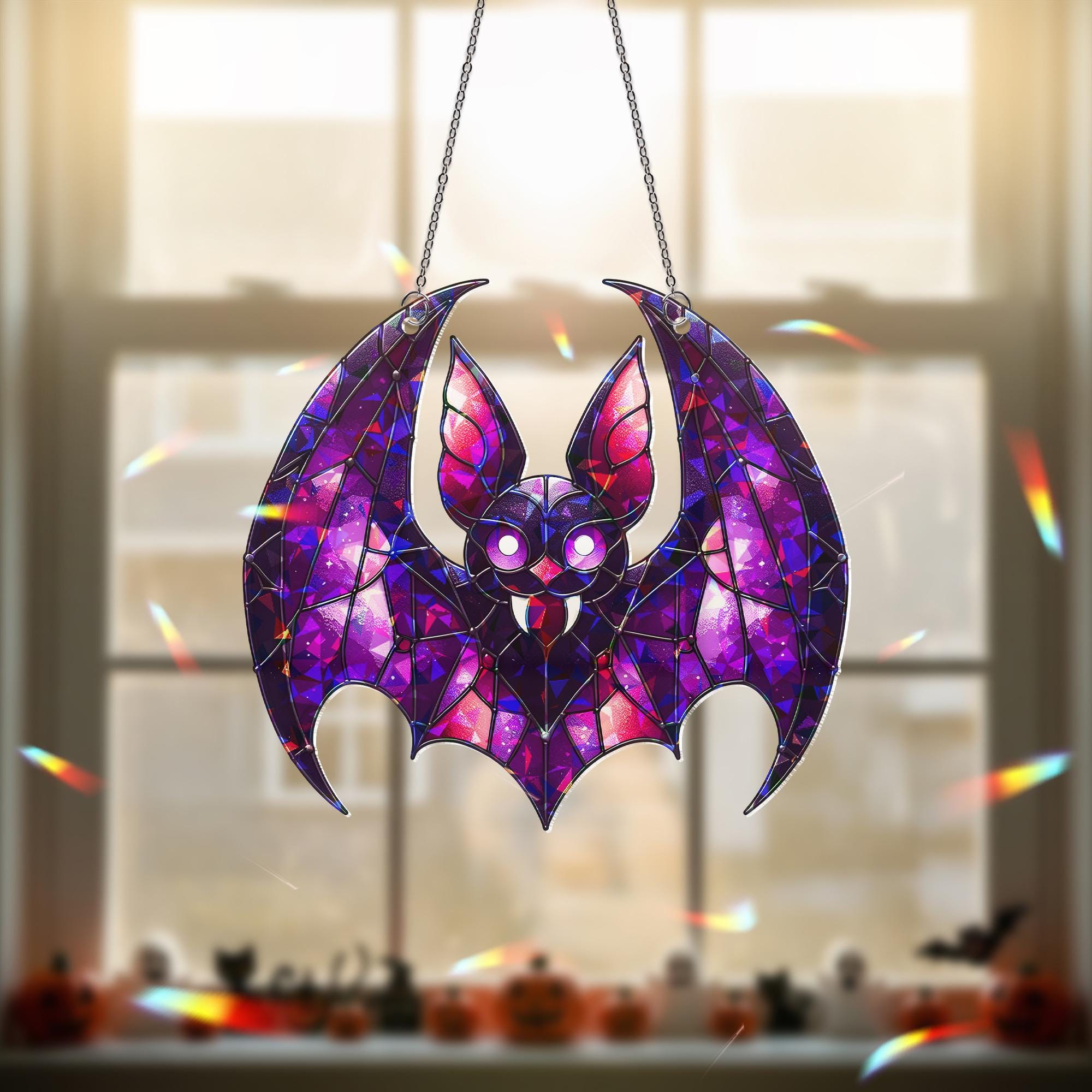 Purple Bat Suncatcher - Gothic Stained Glass Bat Decor - Halloween Window Hanging - Spooky Cute Bat Gift - Vampire Bat Wall Art