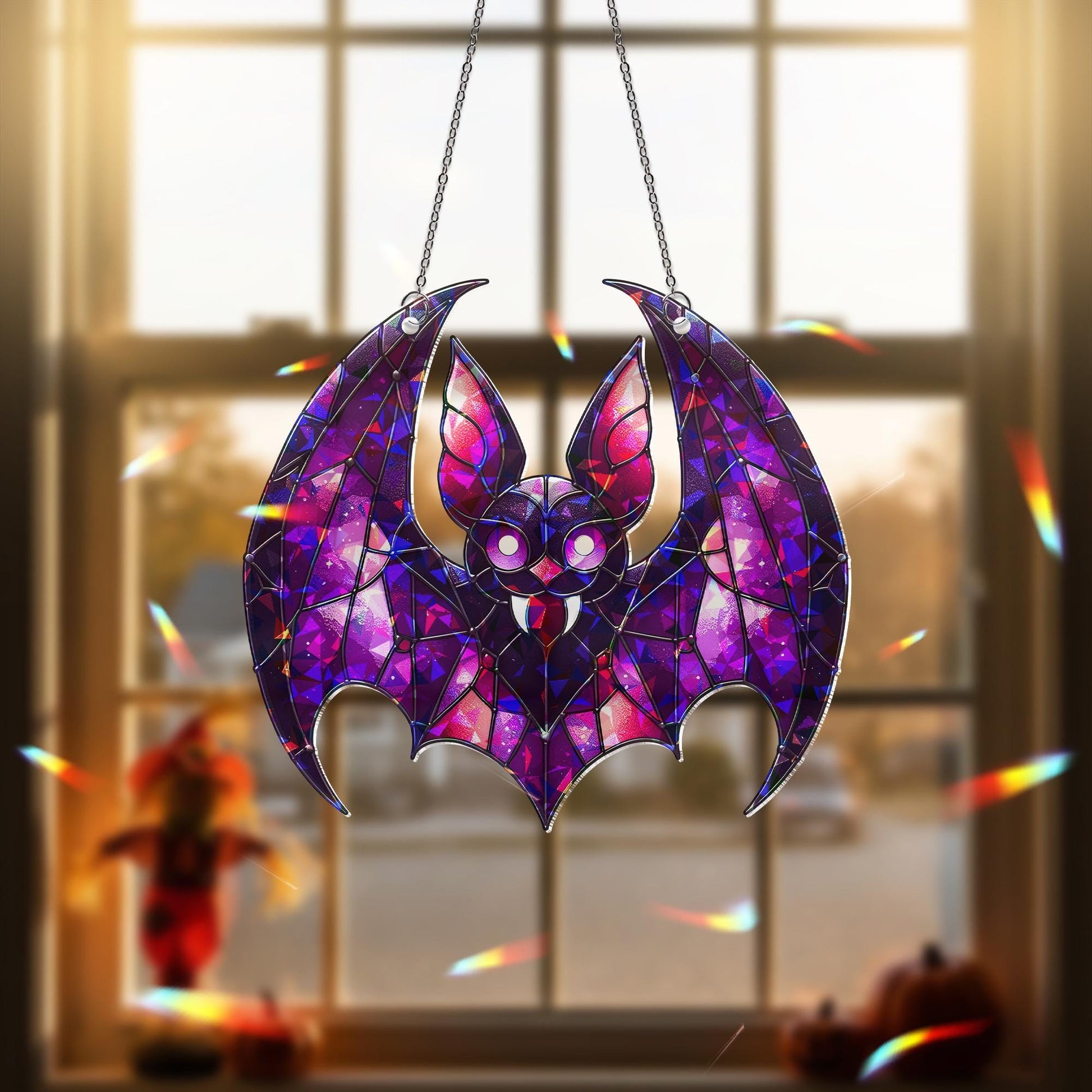 Purple Bat Suncatcher - Gothic Stained Glass Bat Decor - Halloween Window Hanging - Spooky Cute Bat Gift - Vampire Bat Wall Art