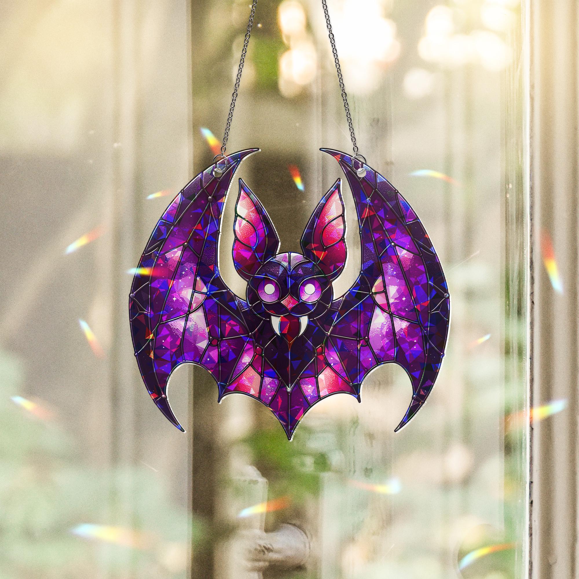 Purple Bat Suncatcher - Gothic Stained Glass Bat Decor - Halloween Window Hanging - Spooky Cute Bat Gift - Vampire Bat Wall Art