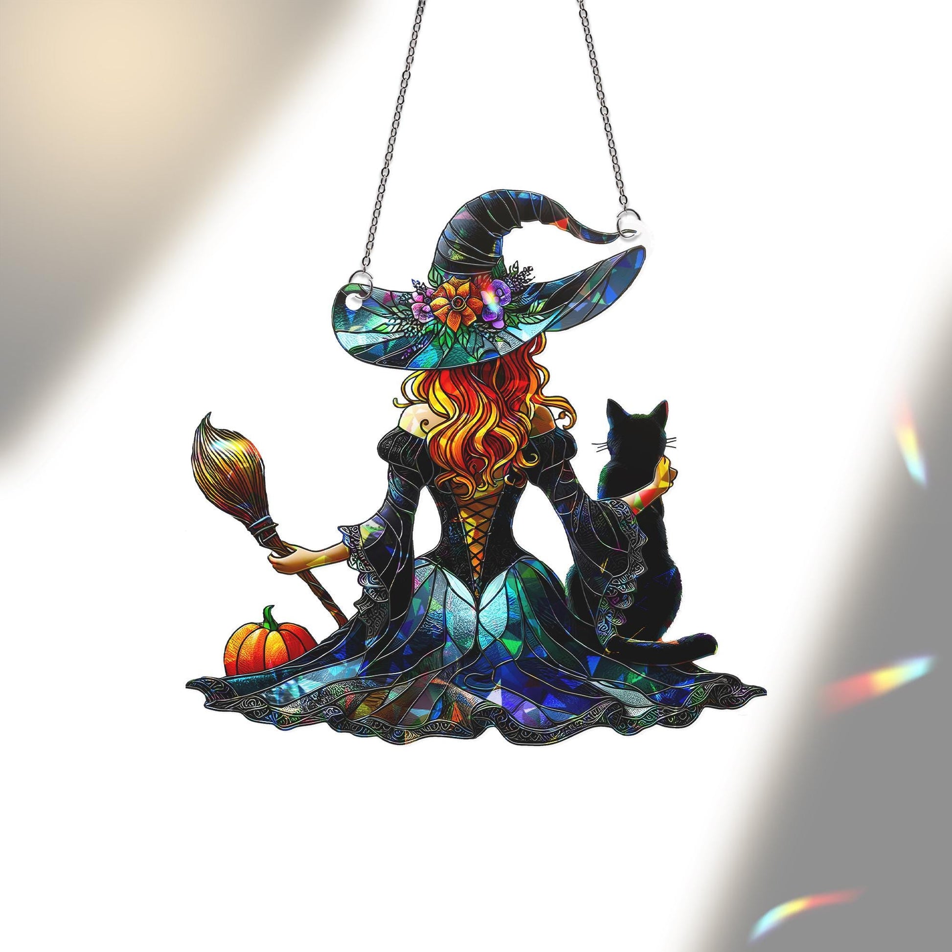 Witch and Cat Suncatcher - Halloween Decor - Gothic Window Hanging - Fall Witch Gift - Cute Black Cat Ornament, Halloween Cat Mom, Cat Witch