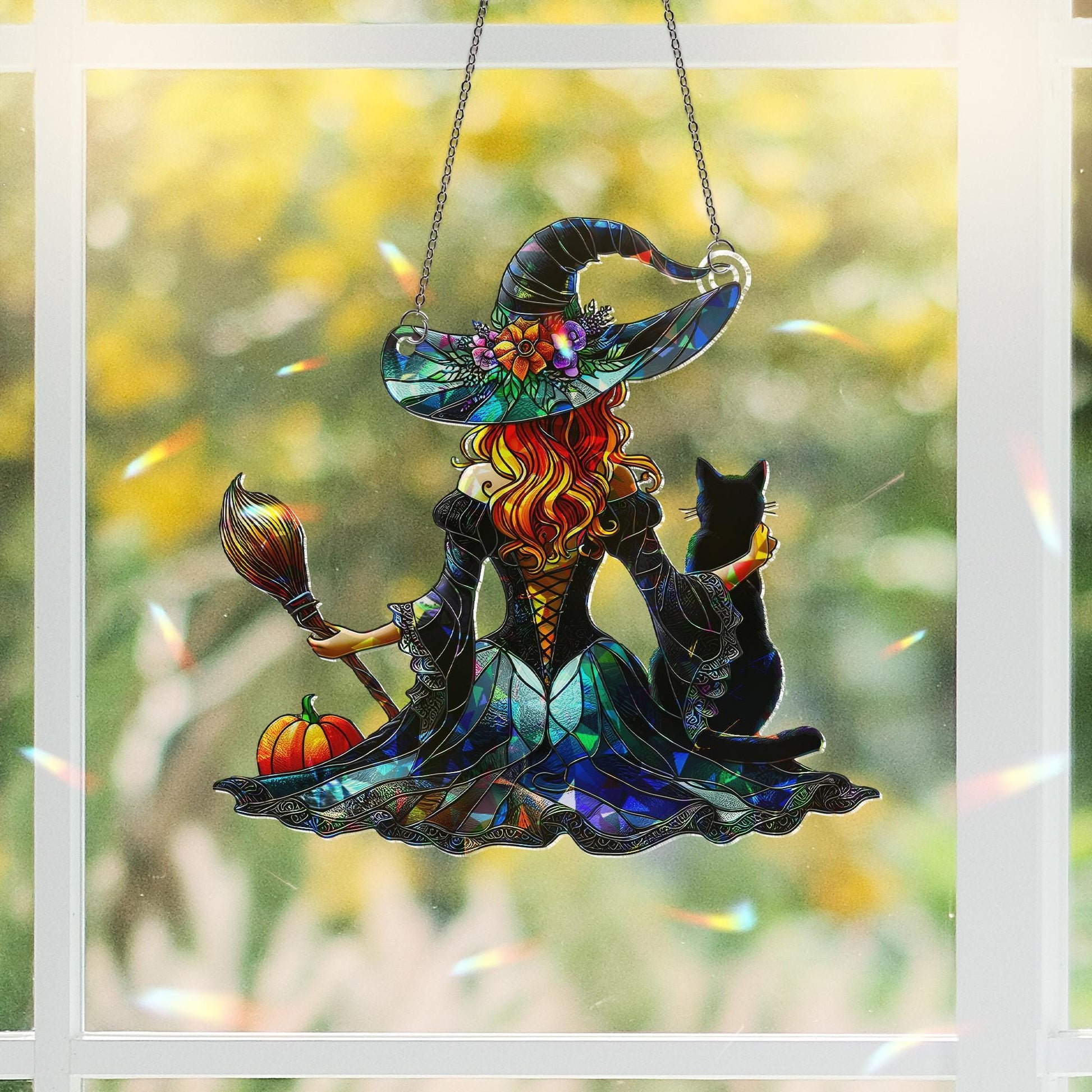 Witch and Cat Suncatcher - Halloween Decor - Gothic Window Hanging - Fall Witch Gift - Cute Black Cat Ornament, Halloween Cat Mom, Cat Witch