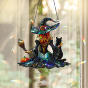 Witch and Cat Suncatcher - Halloween Decor - Gothic Window Hanging - Fall Witch Gift - Cute Black Cat Ornament, Halloween Cat Mom, Cat Witch