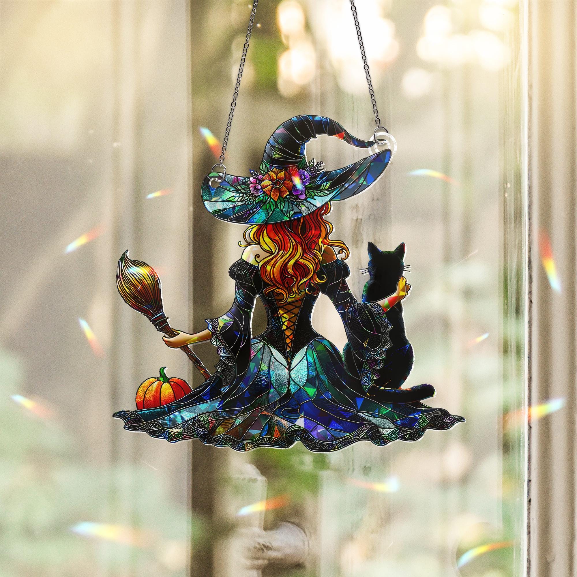 Witch and Cat Suncatcher - Halloween Decor - Gothic Window Hanging - Fall Witch Gift - Cute Black Cat Ornament, Halloween Cat Mom, Cat Witch