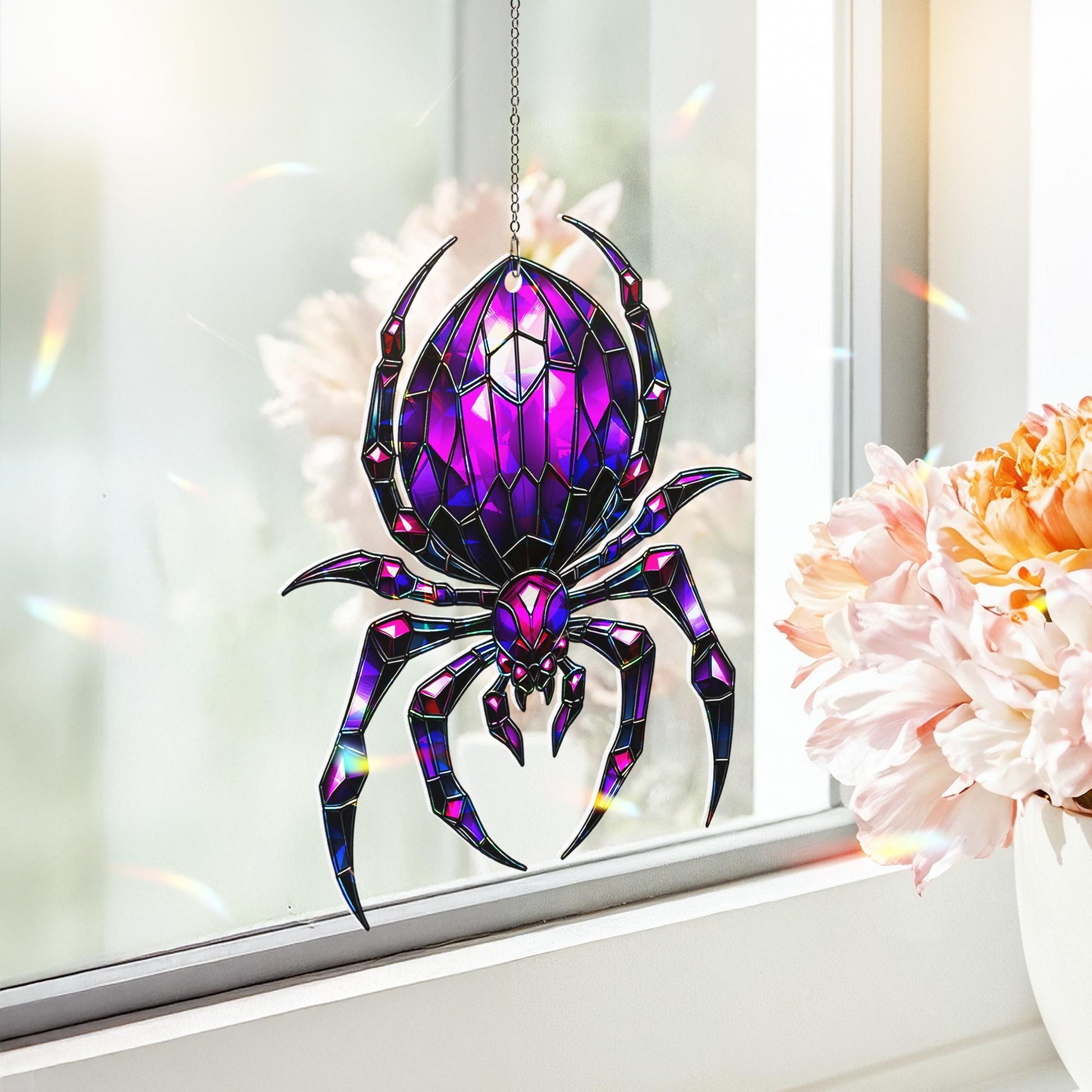 Purple Spider Suncatcher - Halloween Stained Glass Window Hanging - Gothic Insect Decor - Creepy Cute Fall Ornament