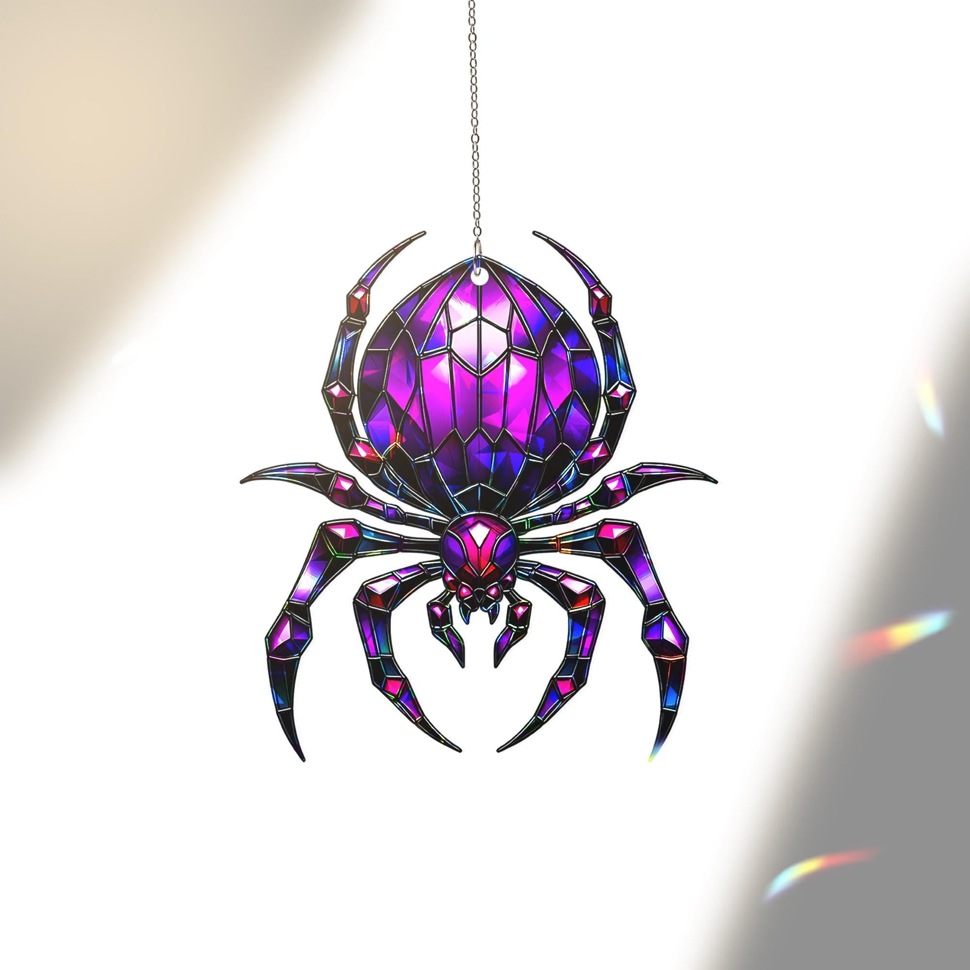 Purple Spider Suncatcher - Halloween Stained Glass Window Hanging - Gothic Insect Decor - Creepy Cute Fall Ornament