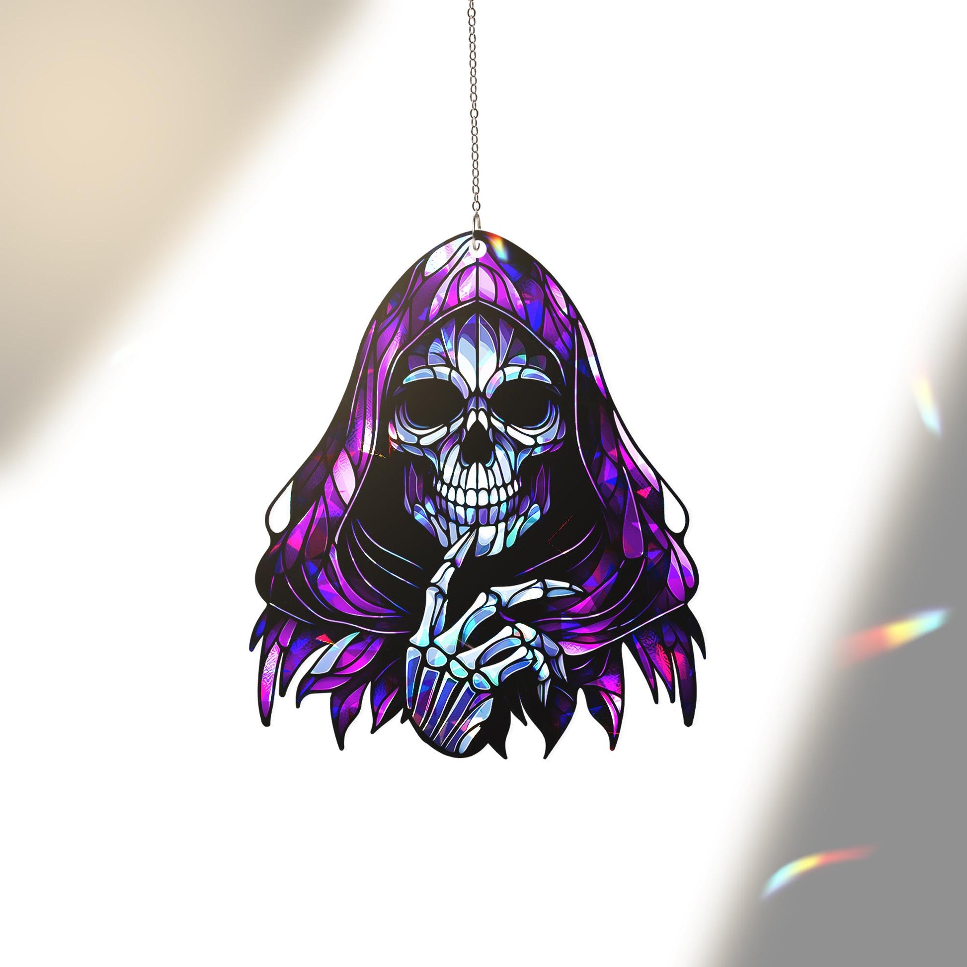 Grim Reaper Suncatcher - Gothic Stained Glass Halloween Decor - Spooky Skeleton Window Hanging Ornament