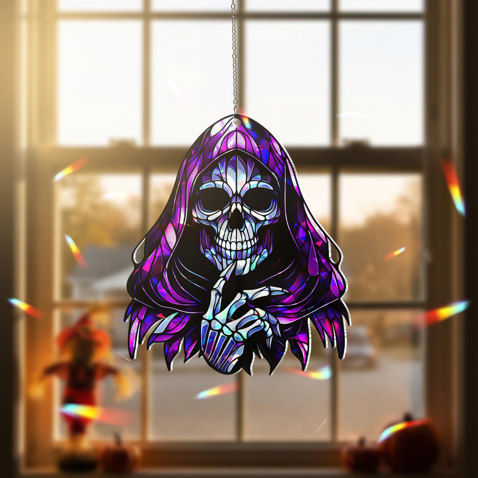 Grim Reaper Suncatcher - Gothic Stained Glass Halloween Decor - Spooky Skeleton Window Hanging Ornament