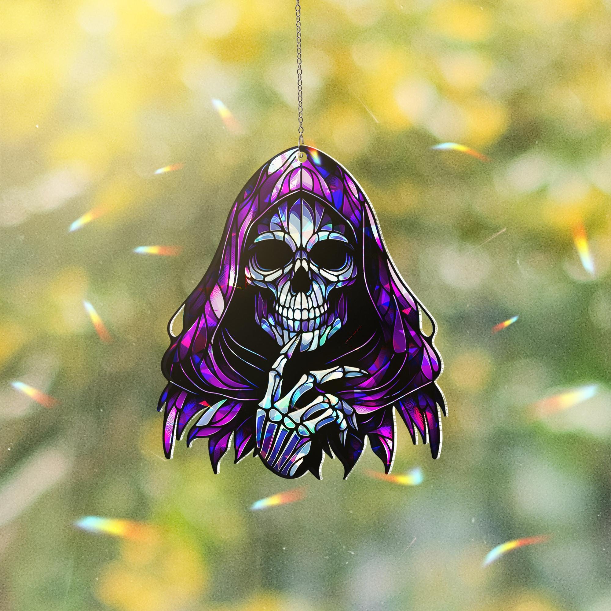 Grim Reaper Suncatcher - Gothic Stained Glass Halloween Decor - Spooky Skeleton Window Hanging Ornament