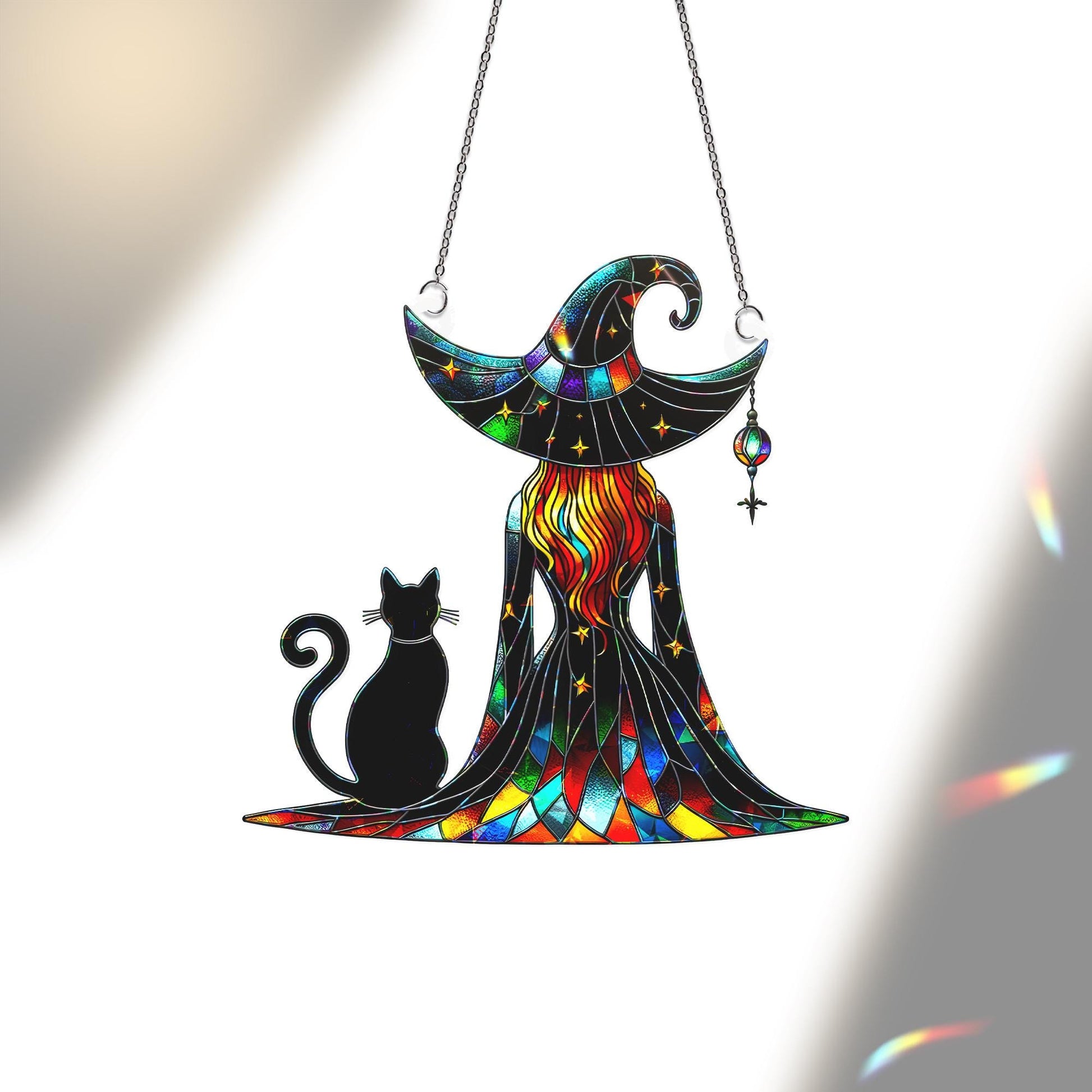 Witch and Black Cat Suncatcher – Stained Glass Halloween Window Decor – Gothic Rainbow Ornament Gift