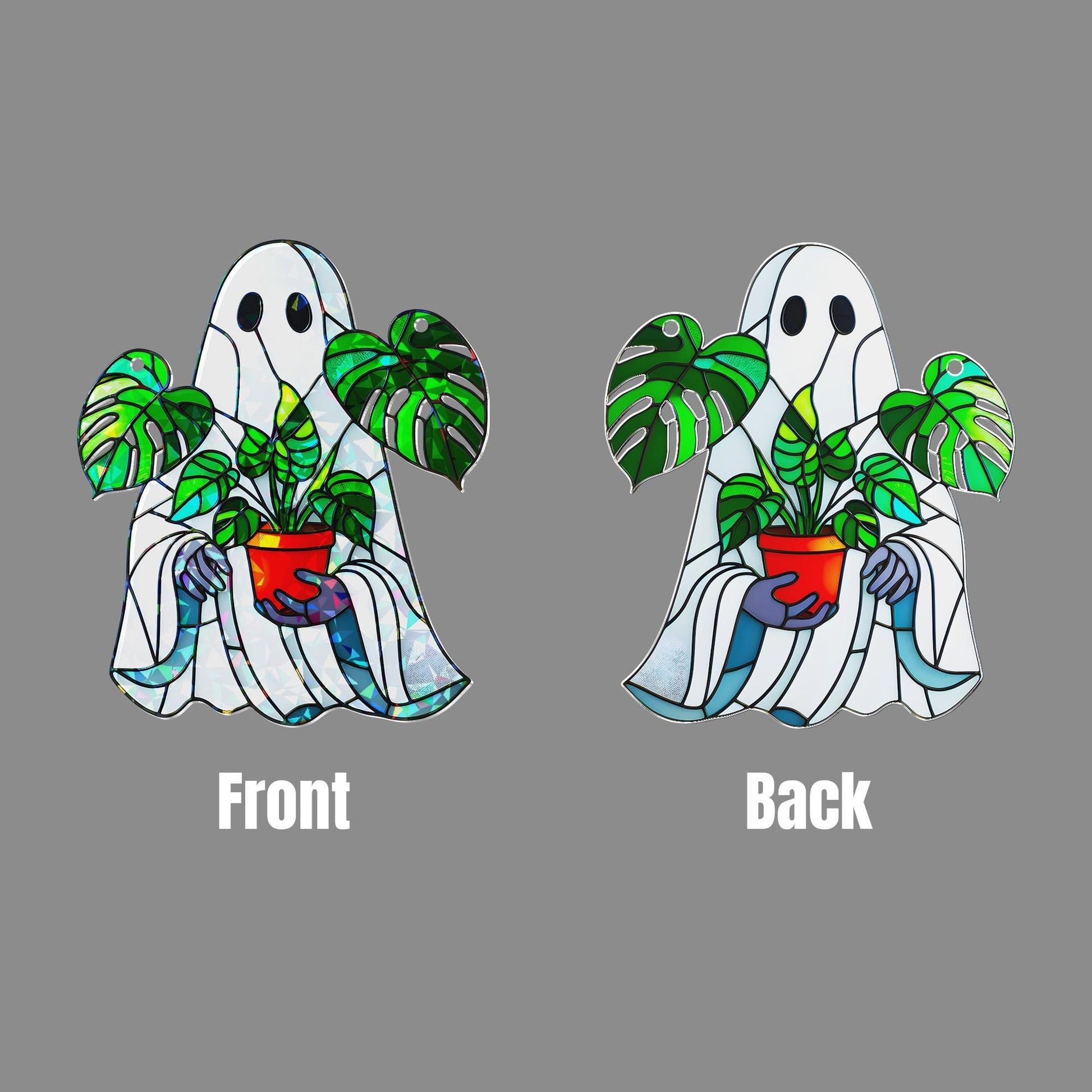 Monstera Ghost Suncatcher – Stained Glass Halloween Plant Lover Decor – Spooky Window Ornament