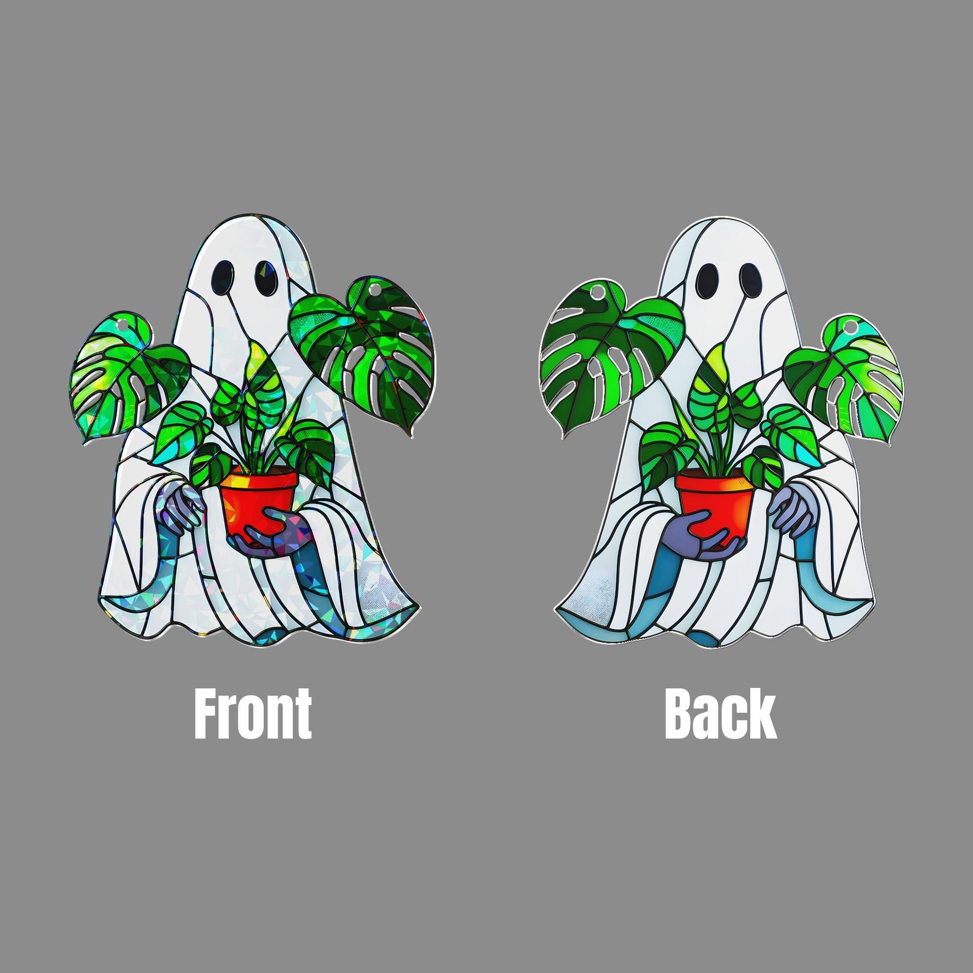 Monstera Ghost Suncatcher – Stained Glass Halloween Plant Lover Decor – Spooky Window Ornament