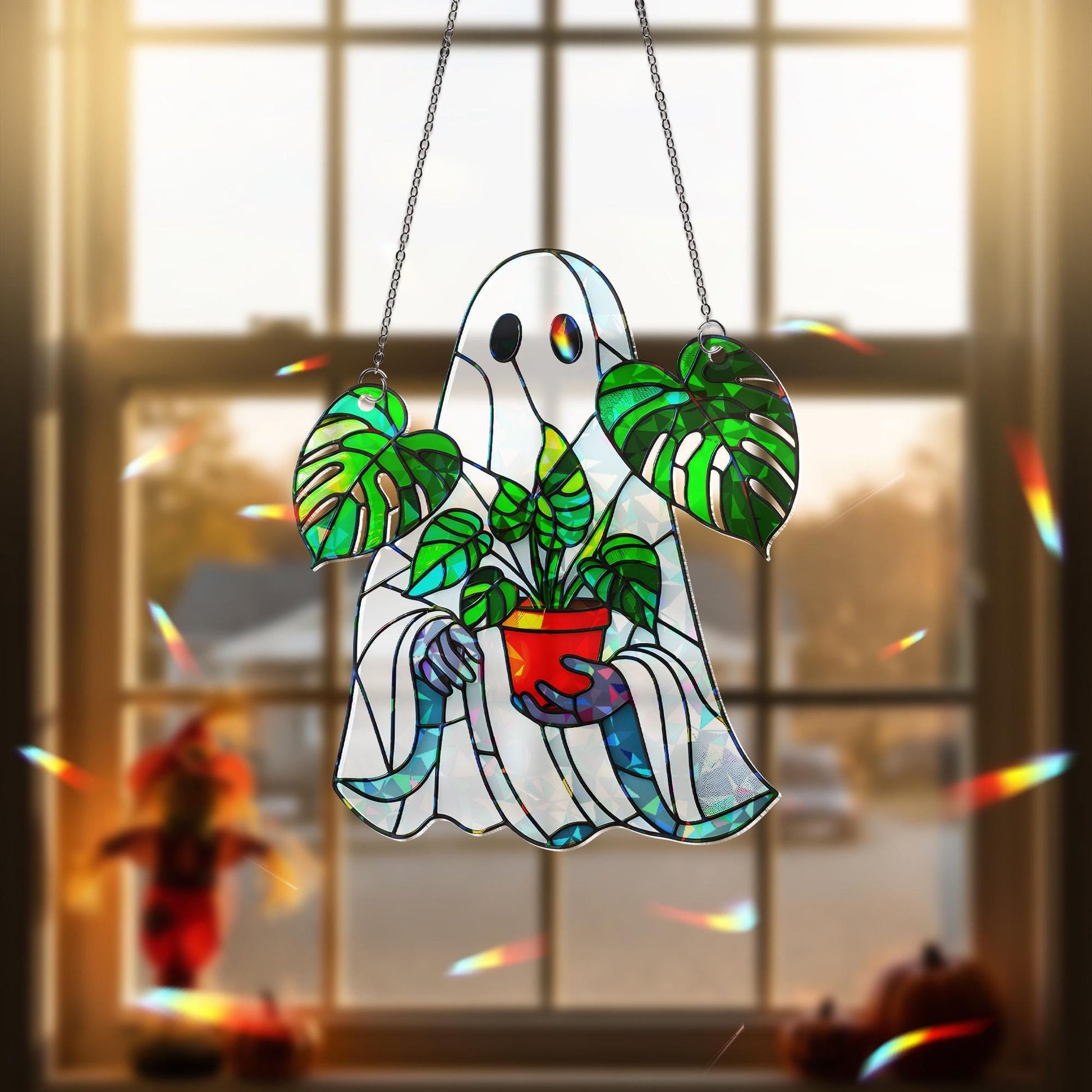 Monstera Ghost Suncatcher – Stained Glass Halloween Plant Lover Decor – Spooky Window Ornament