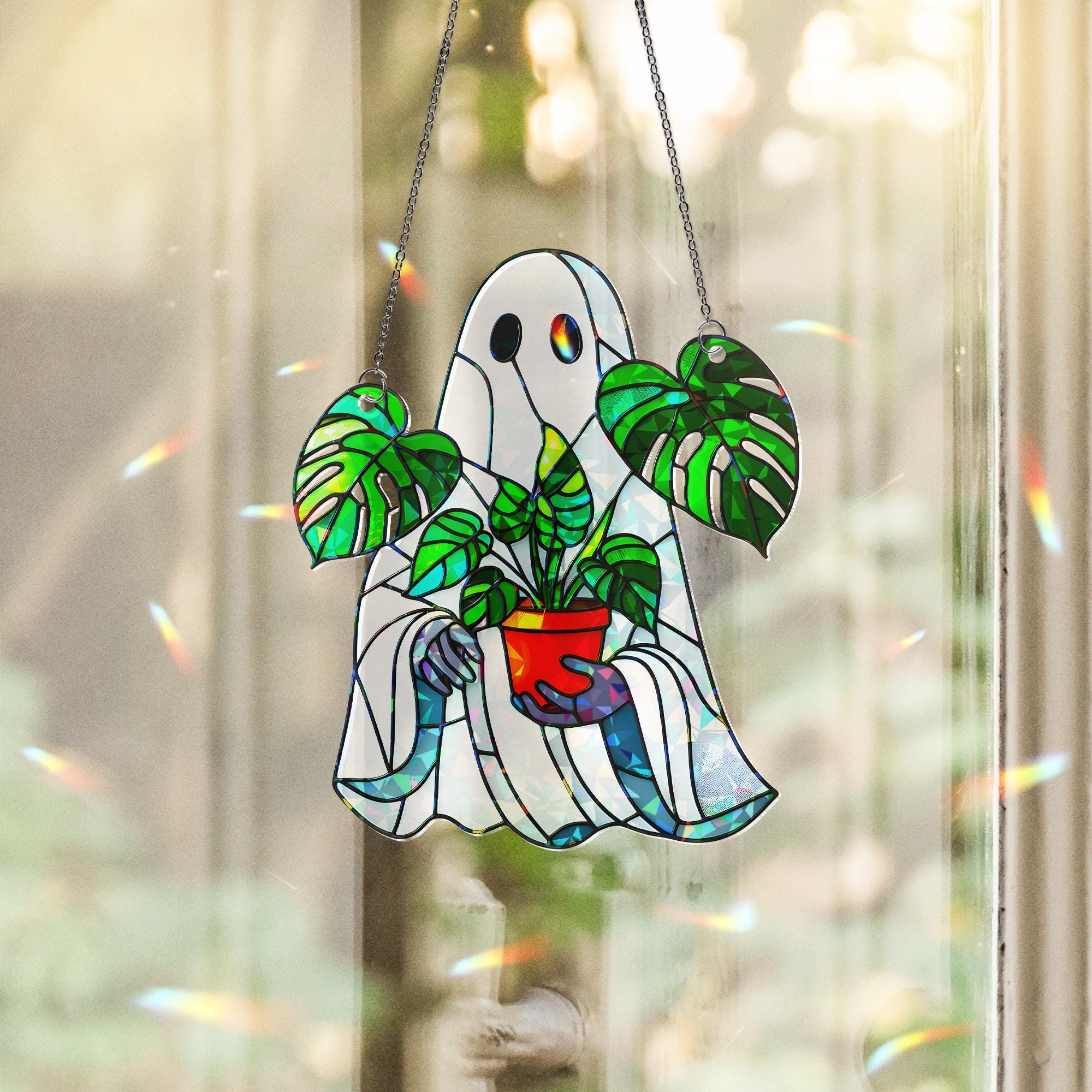 Monstera Ghost Suncatcher – Stained Glass Halloween Plant Lover Decor – Spooky Window Ornament