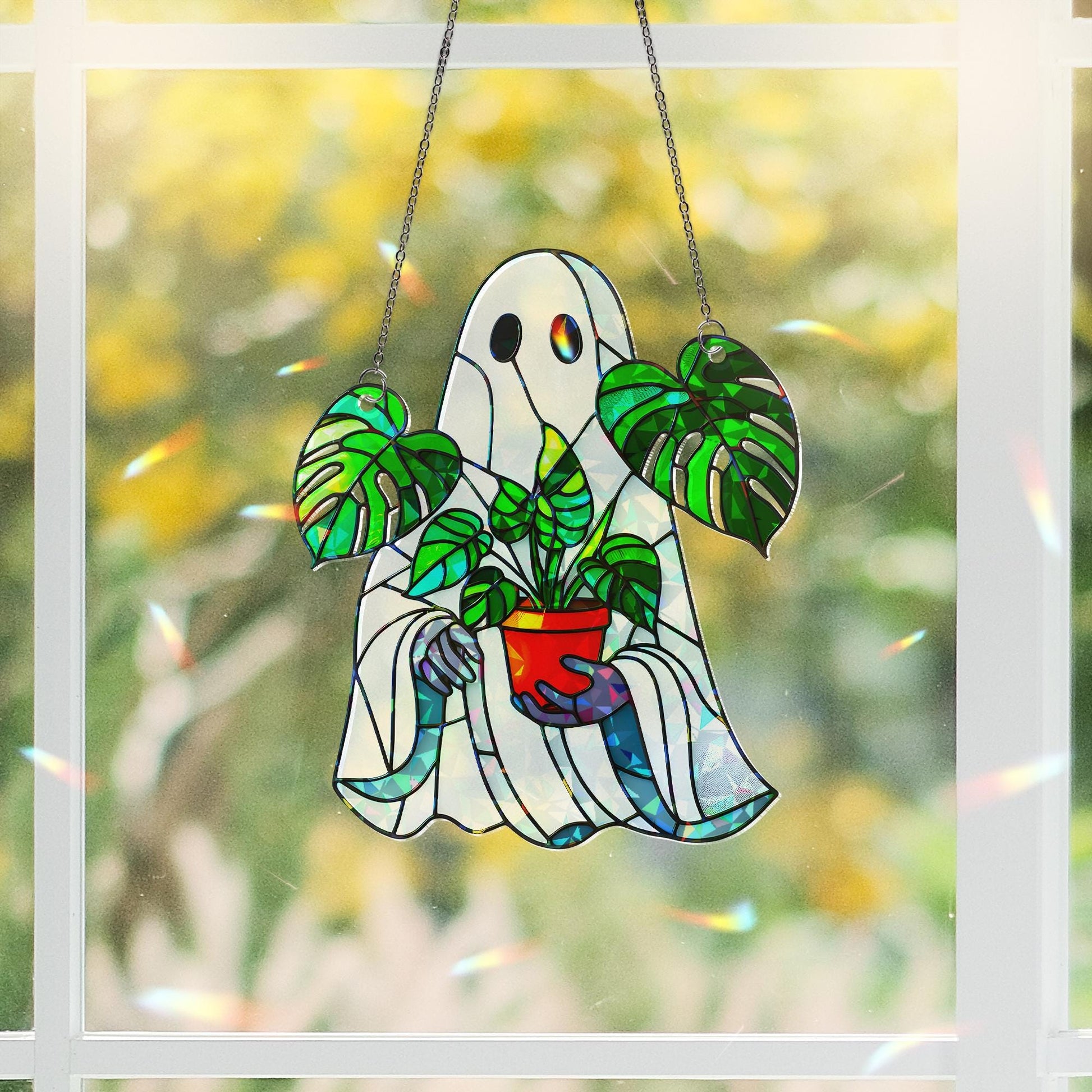 Monstera Ghost Suncatcher – Stained Glass Halloween Plant Lover Decor – Spooky Window Ornament