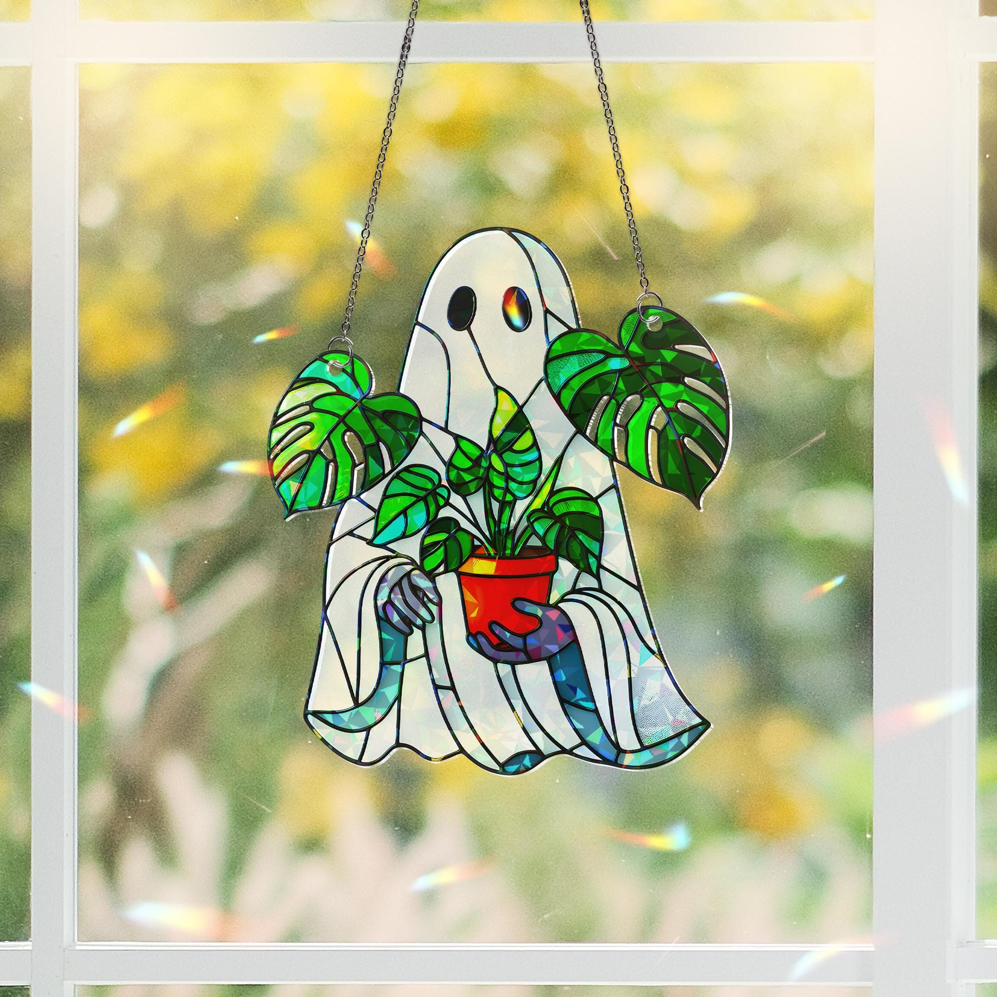 Monstera Ghost Suncatcher – Stained Glass Halloween Plant Lover Decor – Spooky Window Ornament