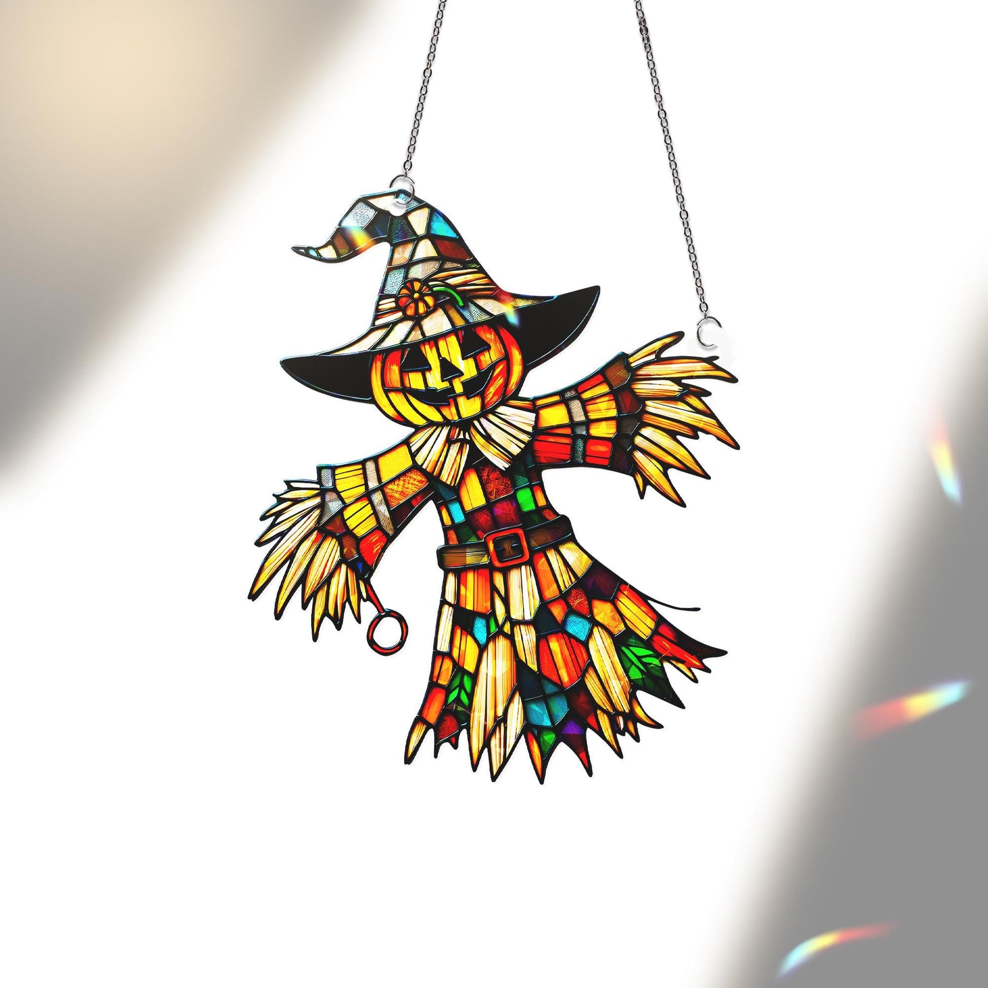 Scarecrow Halloween Suncatcher – Stained Glass Fall Window Decor – Pumpkin Witch Ornament