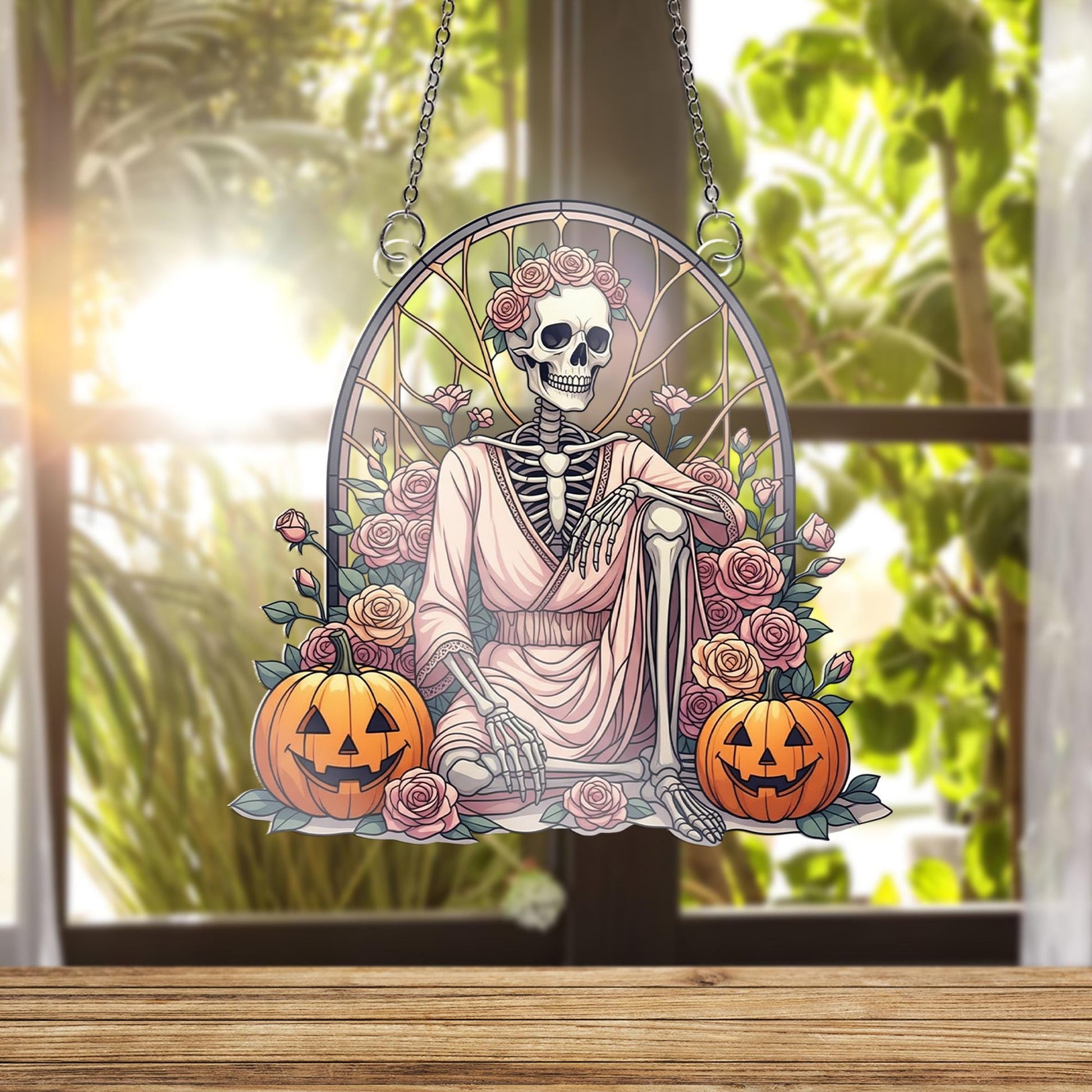 Stained Glass Skeleton Rose Suncatcher, Gothic Floral Window Decor, Halloween Macabre Art, Day of the Dead Gift