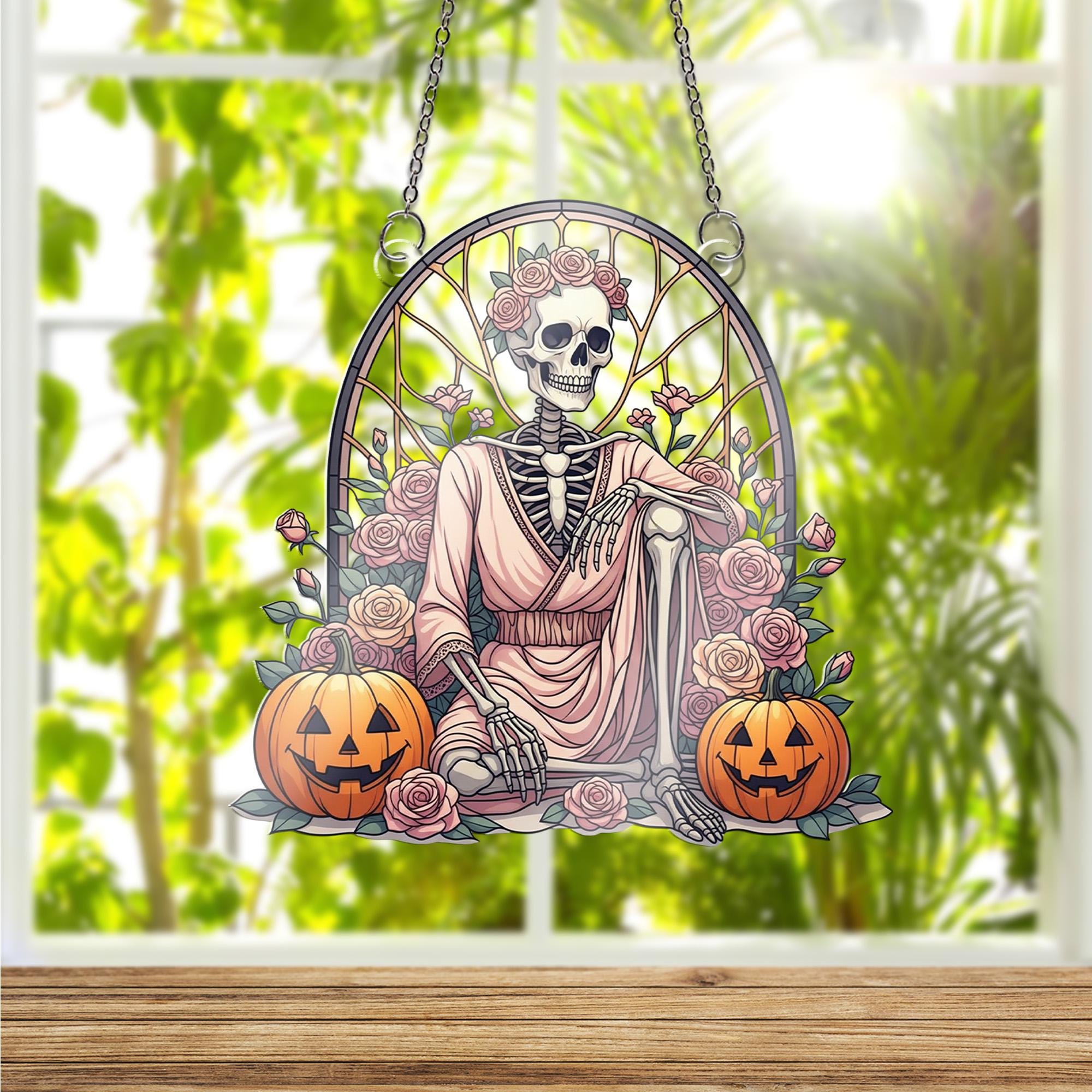 Stained Glass Skeleton Rose Suncatcher, Gothic Floral Window Decor, Halloween Macabre Art, Day of the Dead Gift