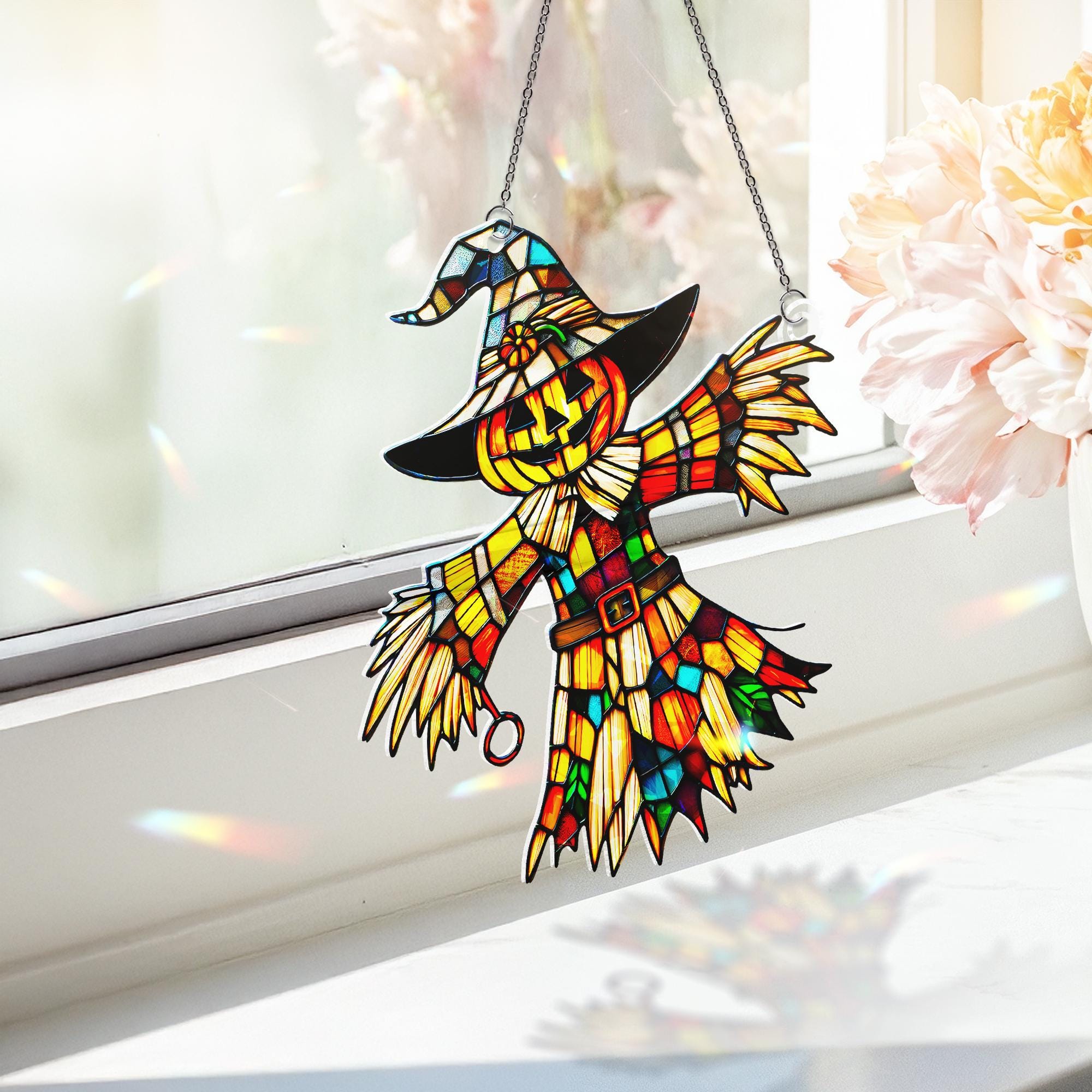 Scarecrow Halloween Suncatcher – Stained Glass Fall Window Decor – Pumpkin Witch Ornament