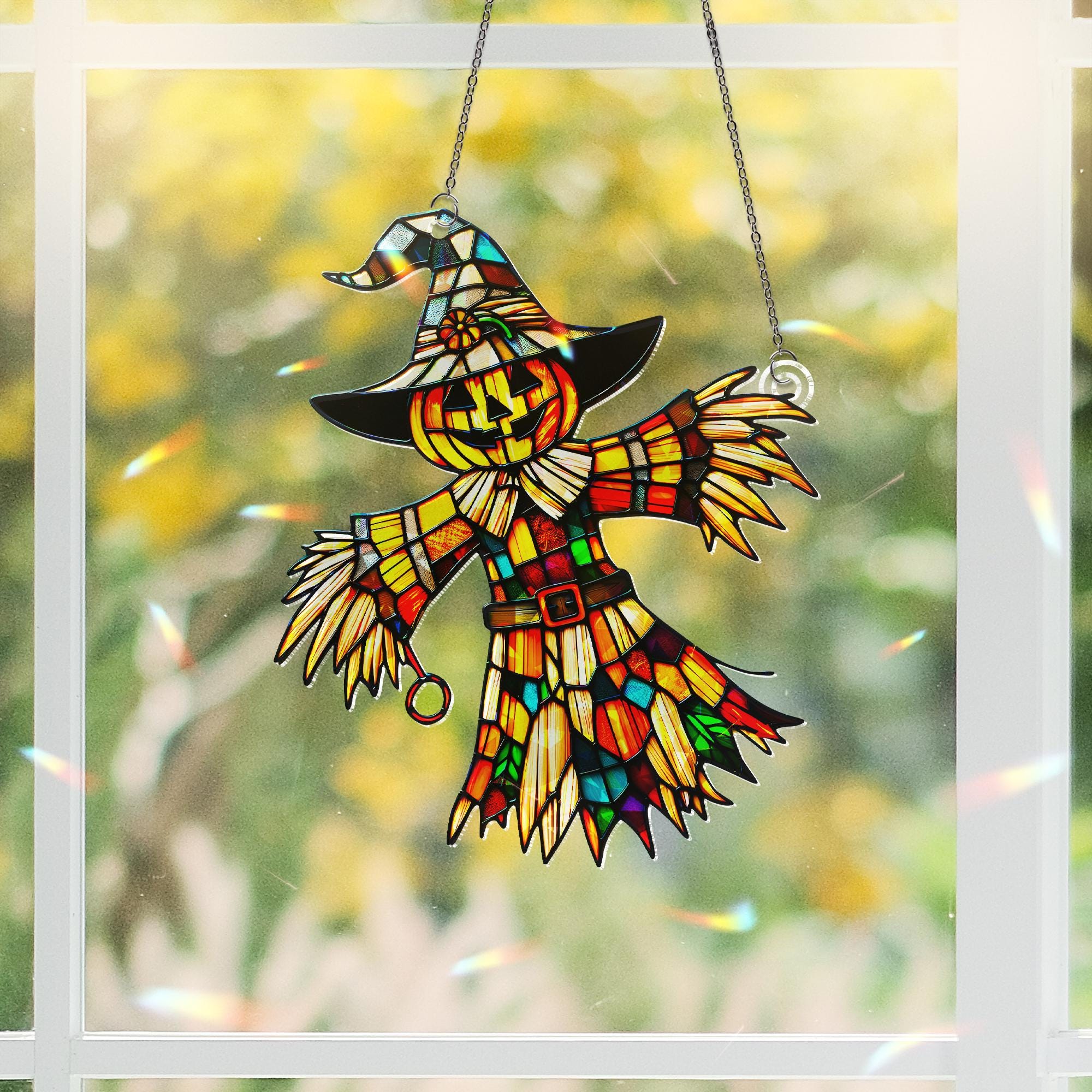 Scarecrow Halloween Suncatcher – Stained Glass Fall Window Decor – Pumpkin Witch Ornament