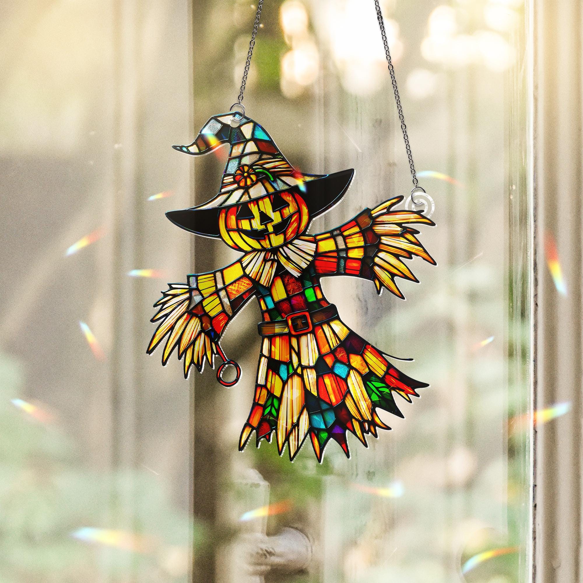 Scarecrow Halloween Suncatcher – Stained Glass Fall Window Decor – Pumpkin Witch Ornament