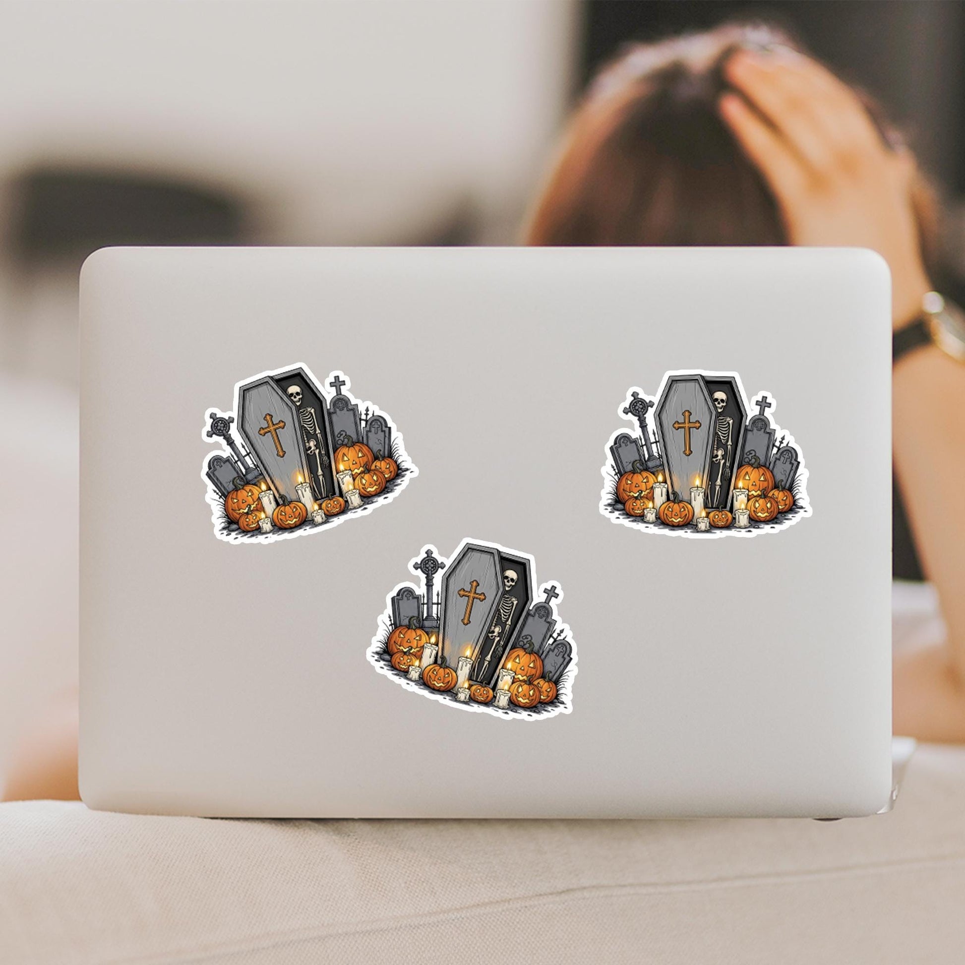 Halloween Graveyard Sticker, Spooky Skeleton Coffin Decal, Pumpkin Headstone Decoration, Gothic Laptop Sticker