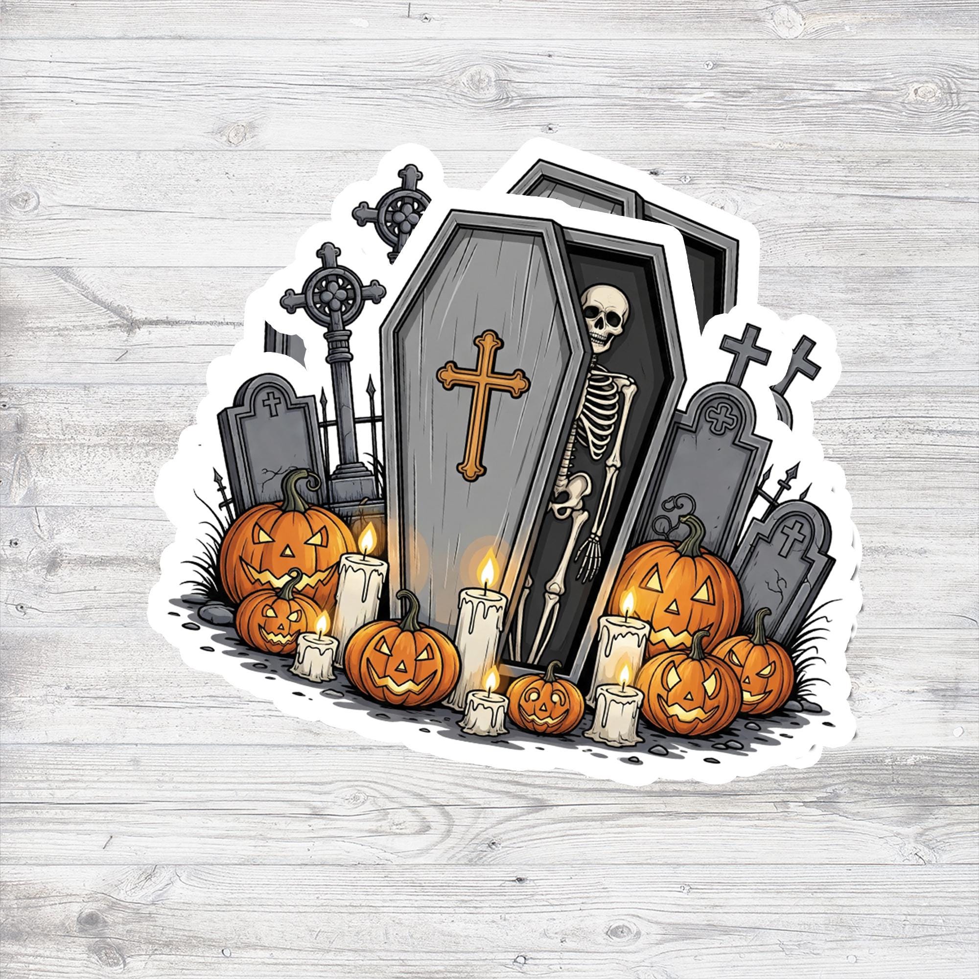 Halloween Graveyard Sticker, Spooky Skeleton Coffin Decal, Pumpkin Headstone Decoration, Gothic Laptop Sticker