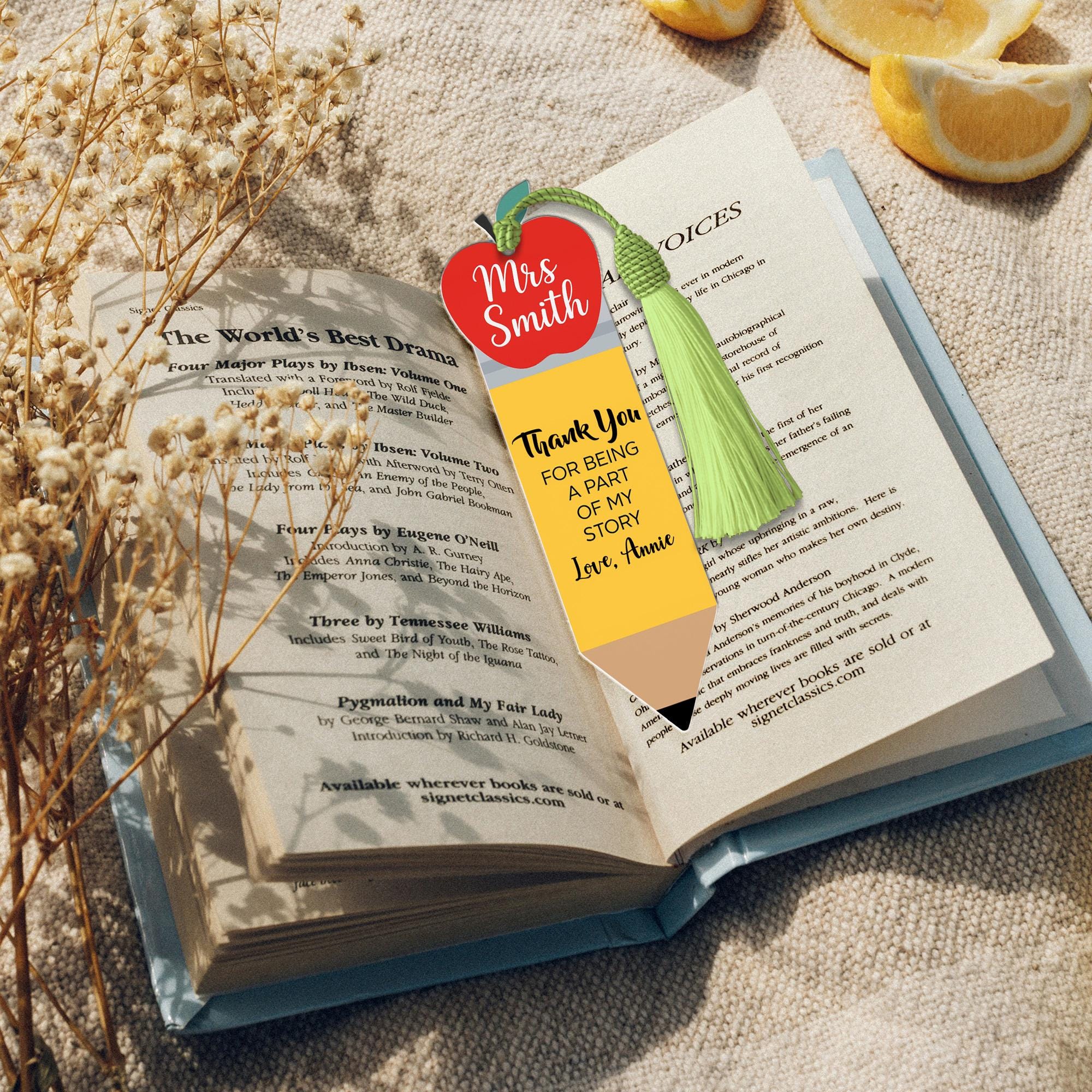 Personalized Teacher Bookmark, Apple Pencil Design, Thank You Gift, Back to School, Custom Name, End of Year Teacher Gift