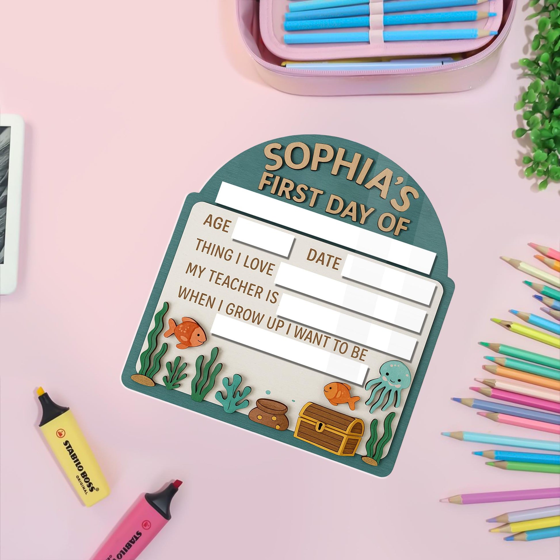 Personalized Under the Sea First Day of School Board, Reusable Milestone Sign Board for Kids, Ocean Theme Back to School Photo Prop