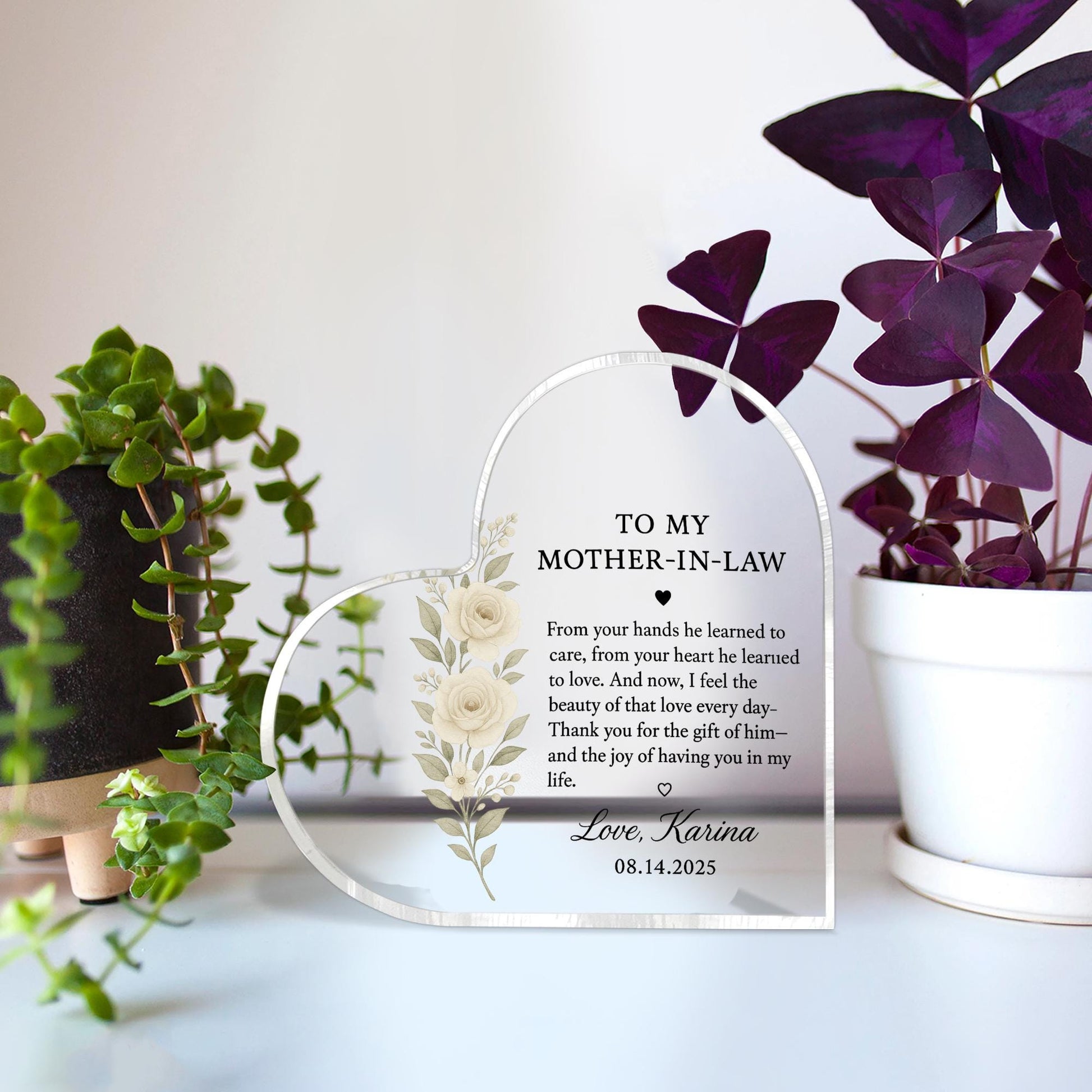 Mother-in-Law Gift from Bride, Heart Acrylic Keepsake Block, Wedding Day Thank You Gift, Personalized Floral Desk Decor