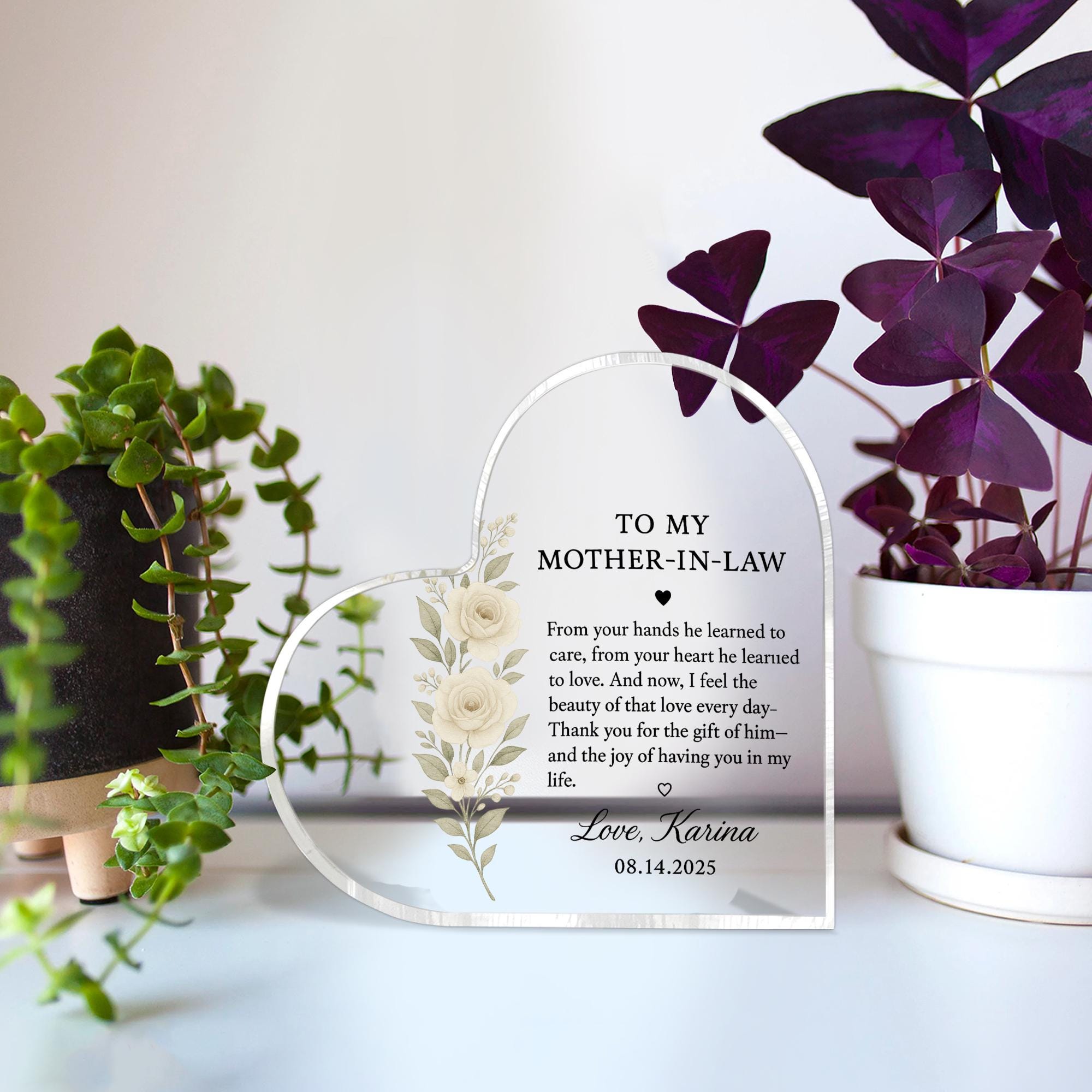 Mother-in-Law Gift from Bride, Heart Acrylic Keepsake Block, Wedding Day Thank You Gift, Personalized Floral Desk Decor
