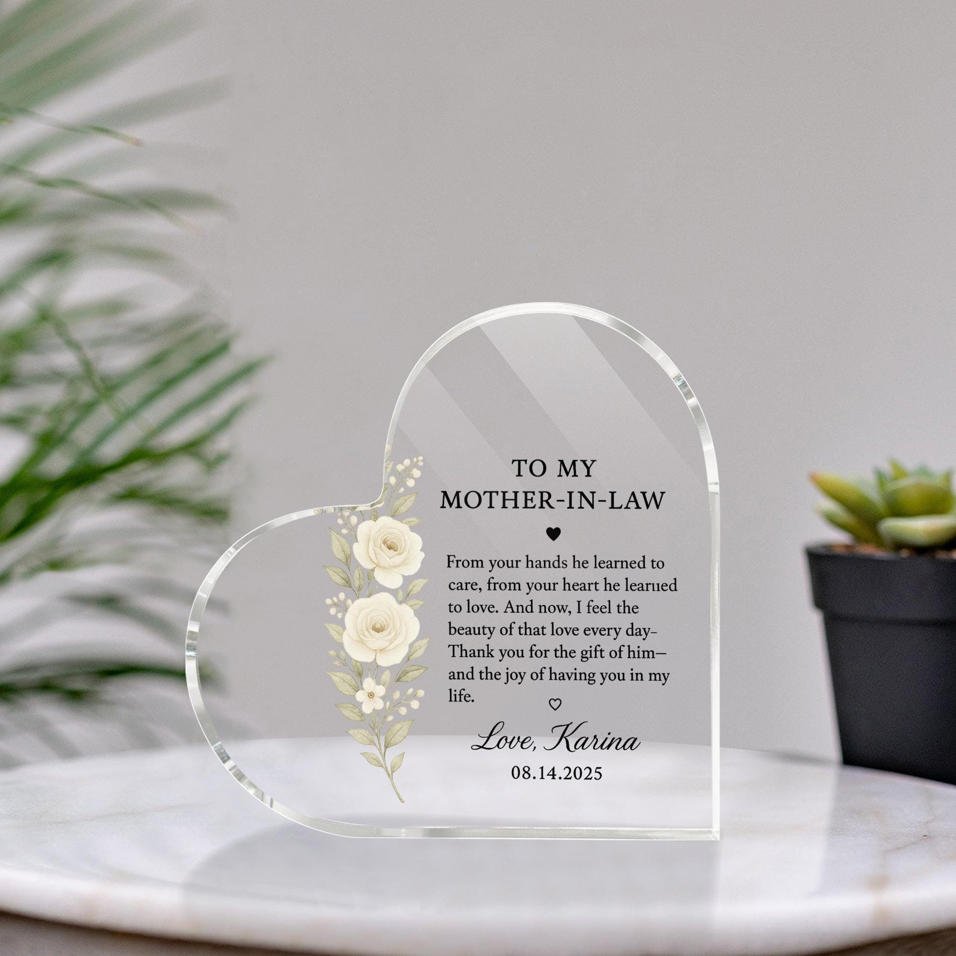 Mother-in-Law Gift from Bride, Heart Acrylic Keepsake Block, Wedding Day Thank You Gift, Personalized Floral Desk Decor