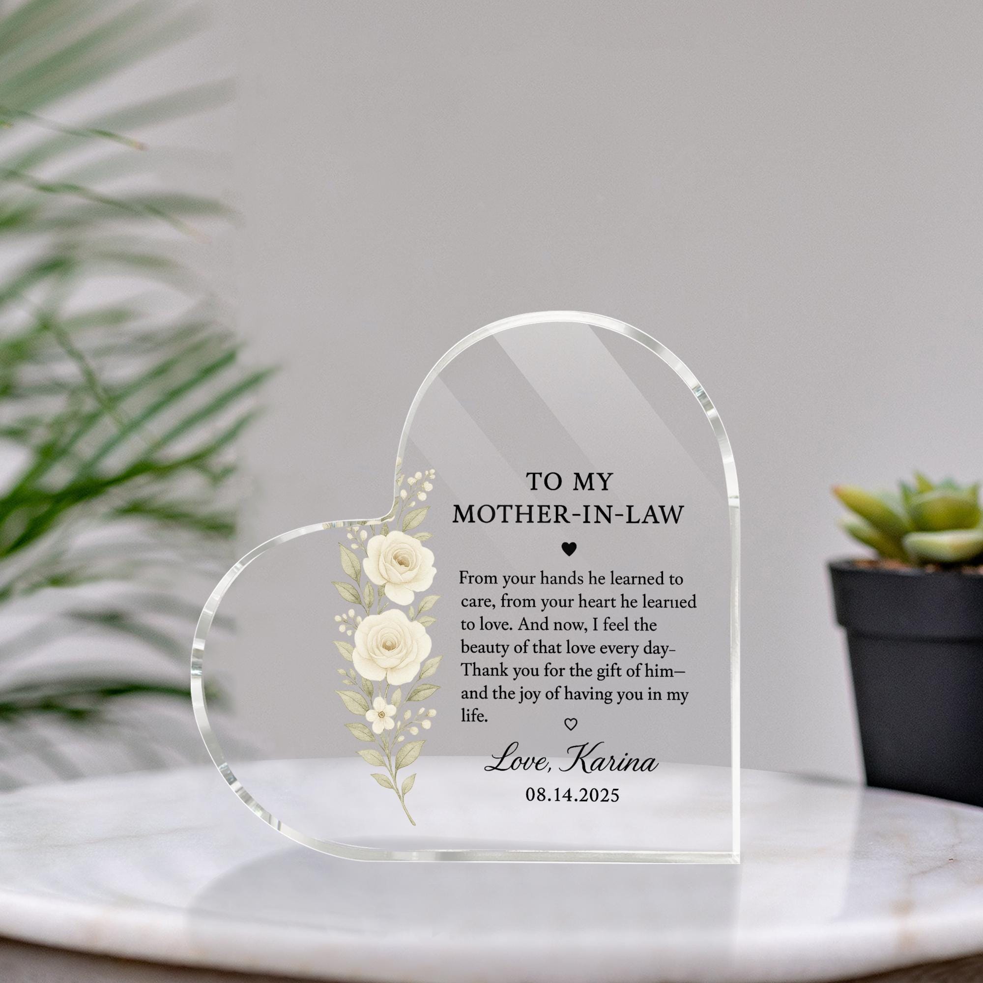 Mother-in-Law Gift from Bride, Heart Acrylic Keepsake Block, Wedding Day Thank You Gift, Personalized Floral Desk Decor