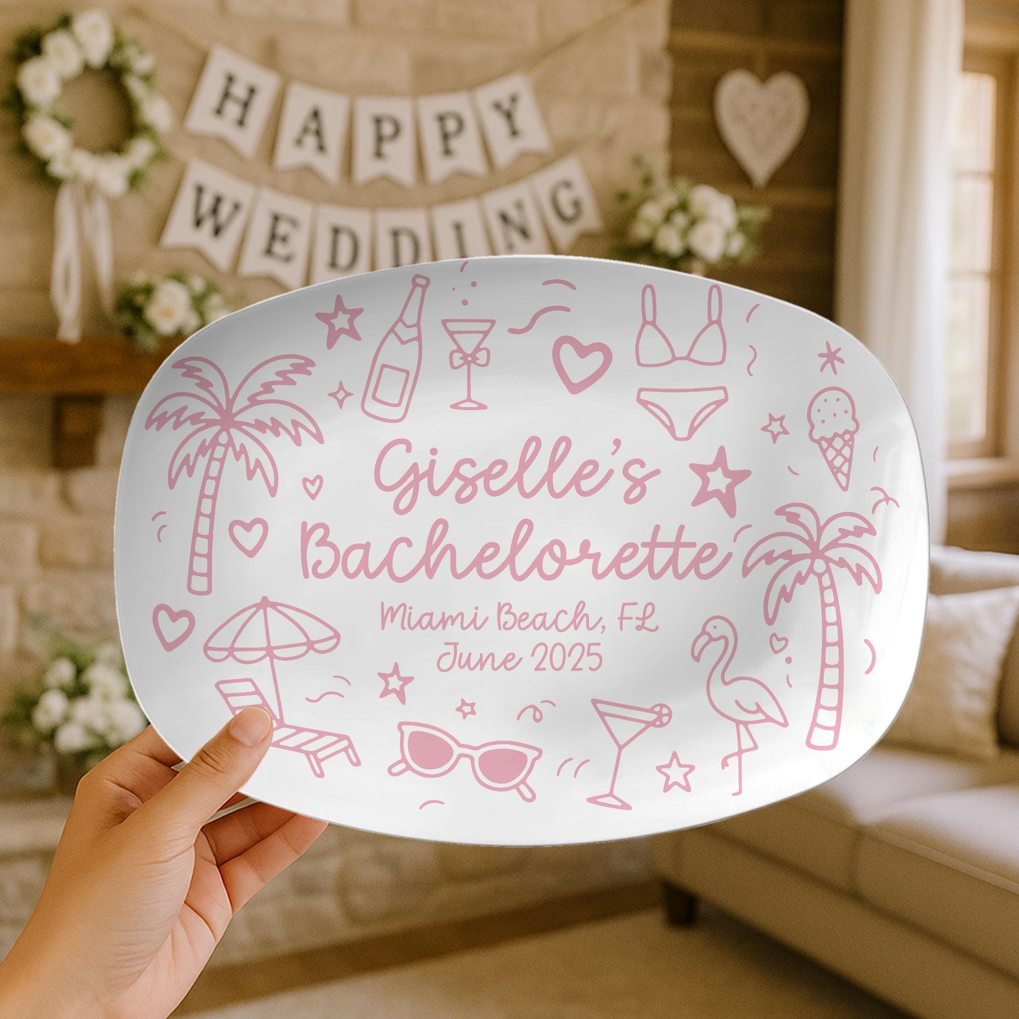 Personalized Beach Bachelorette Party Plate, Custom Miami Bridesmaid Gift, Bachelor Girls Trip Keepsake Decor, Tropical Bride To Be Favor