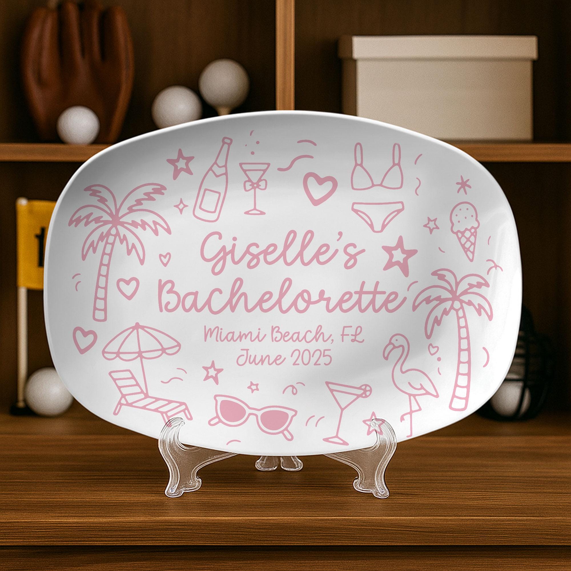Personalized Beach Bachelorette Party Plate, Custom Miami Bridesmaid Gift, Bachelor Girls Trip Keepsake Decor, Tropical Bride To Be Favor
