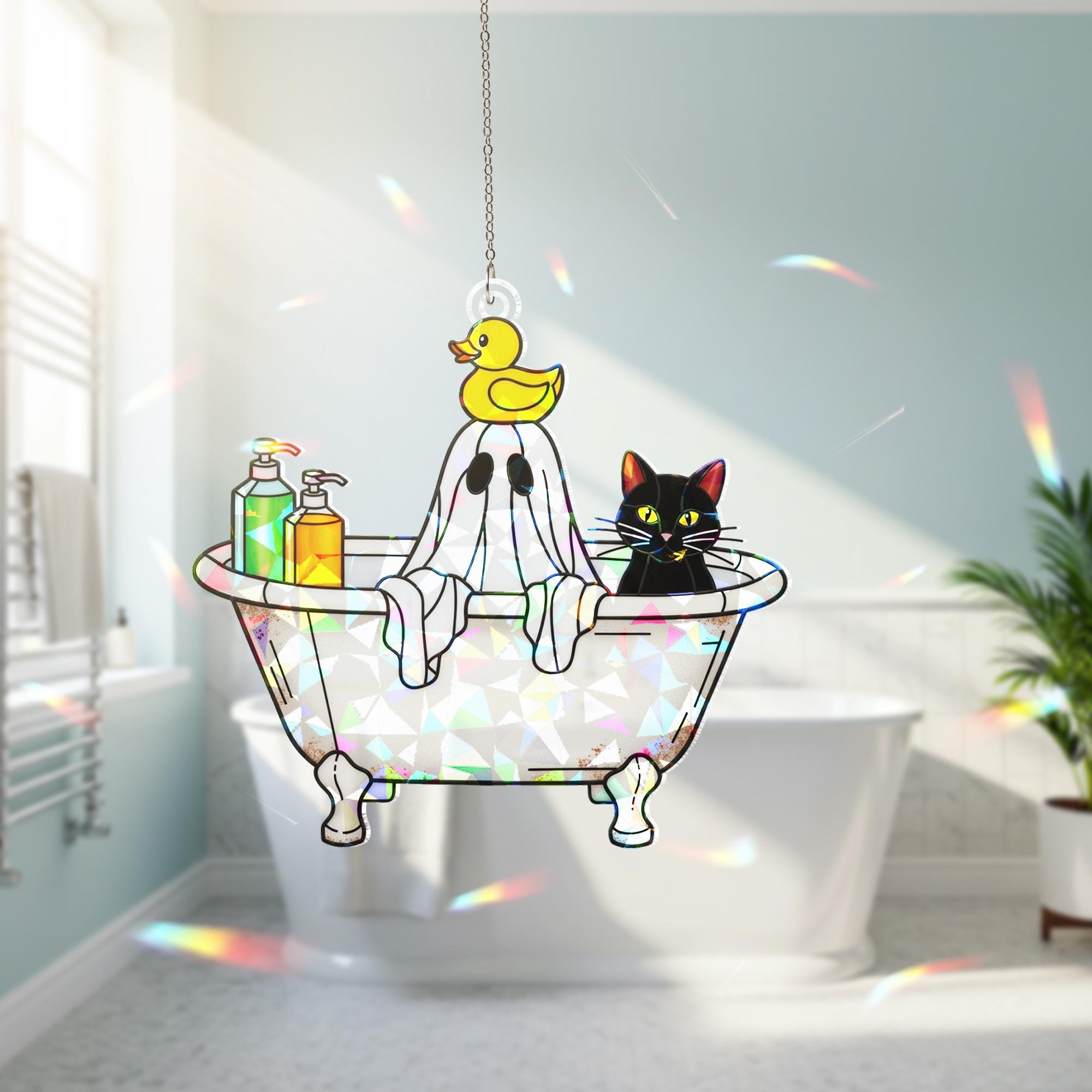 Halloween Ghost Bathtub Acrylic Suncatcher, Holographic Window Hanging, Cute Cat Ghost Decor, Spooky Bathroom Rainbow Maker