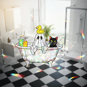 Halloween Ghost Bathtub Acrylic Suncatcher, Holographic Window Hanging, Cute Cat Ghost Decor, Spooky Bathroom Rainbow Maker
