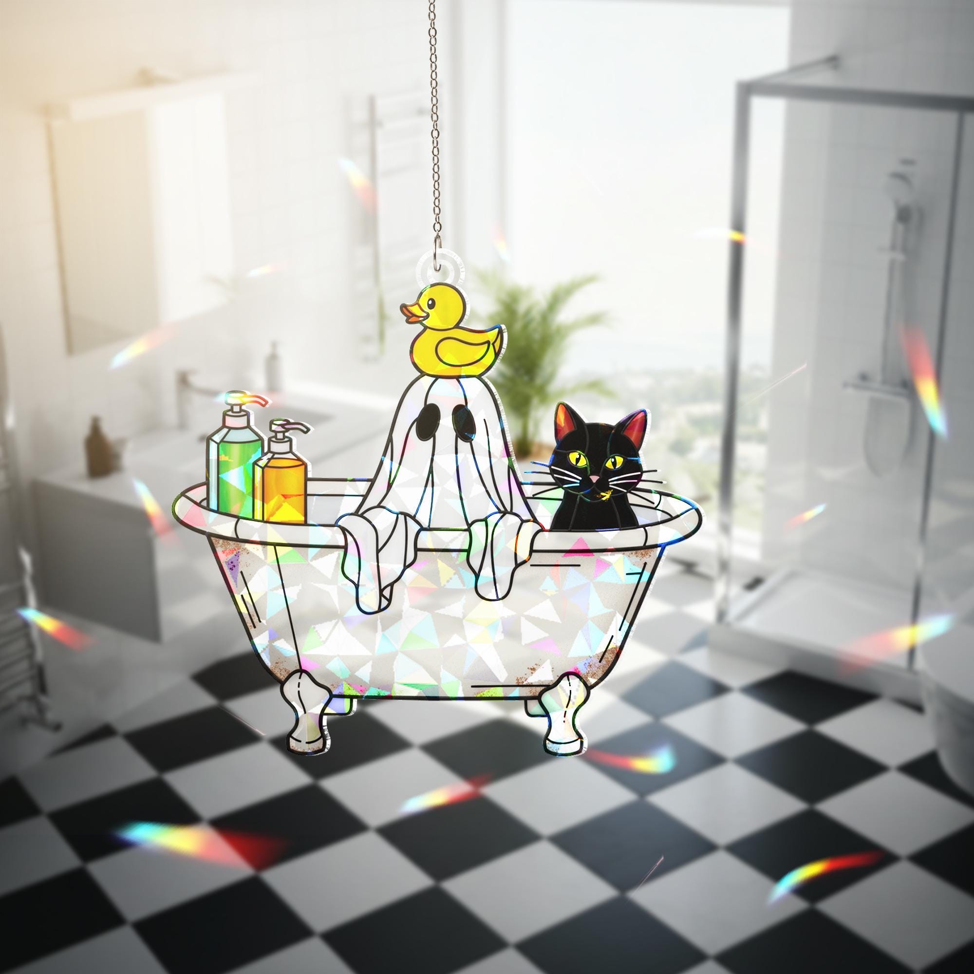 Halloween Ghost Bathtub Acrylic Suncatcher, Holographic Window Hanging, Cute Cat Ghost Decor, Spooky Bathroom Rainbow Maker