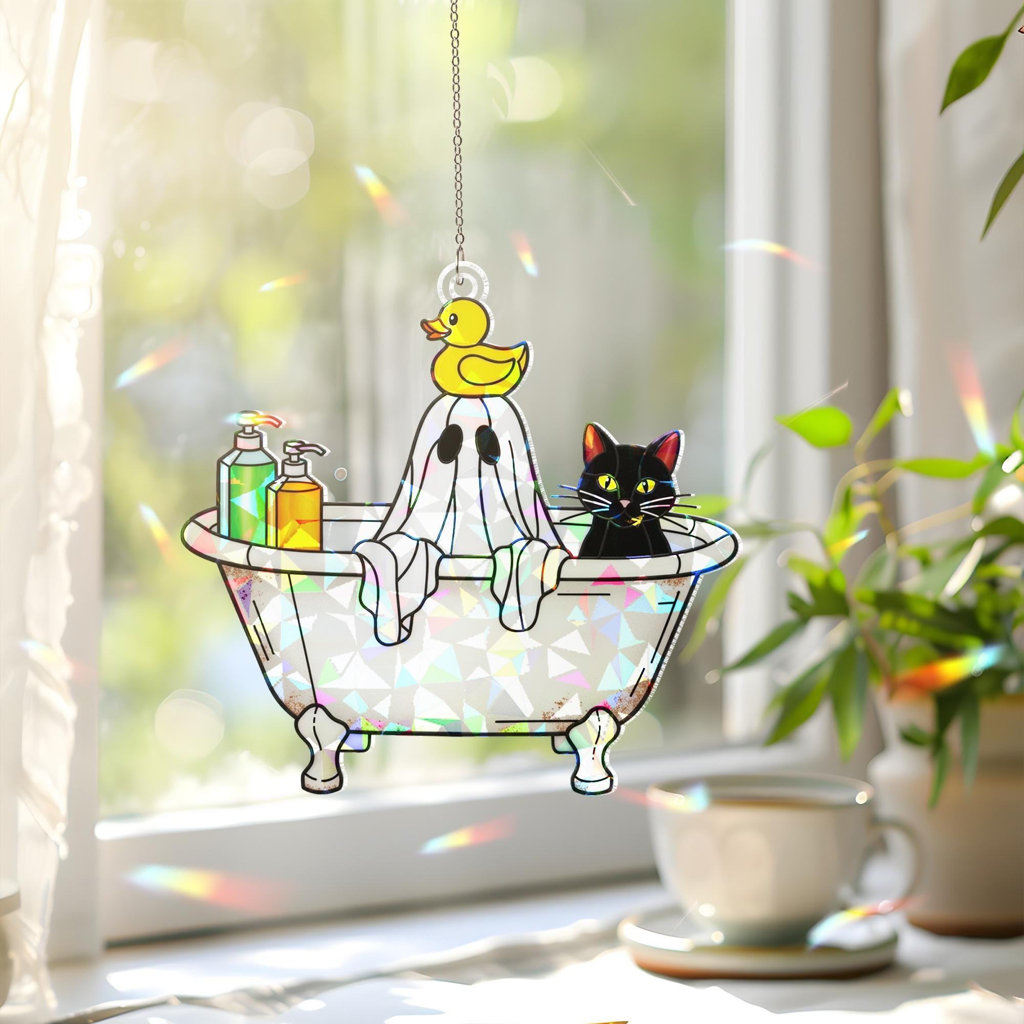 Halloween Ghost Bathtub Acrylic Suncatcher, Holographic Window Hanging, Cute Cat Ghost Decor, Spooky Bathroom Rainbow Maker