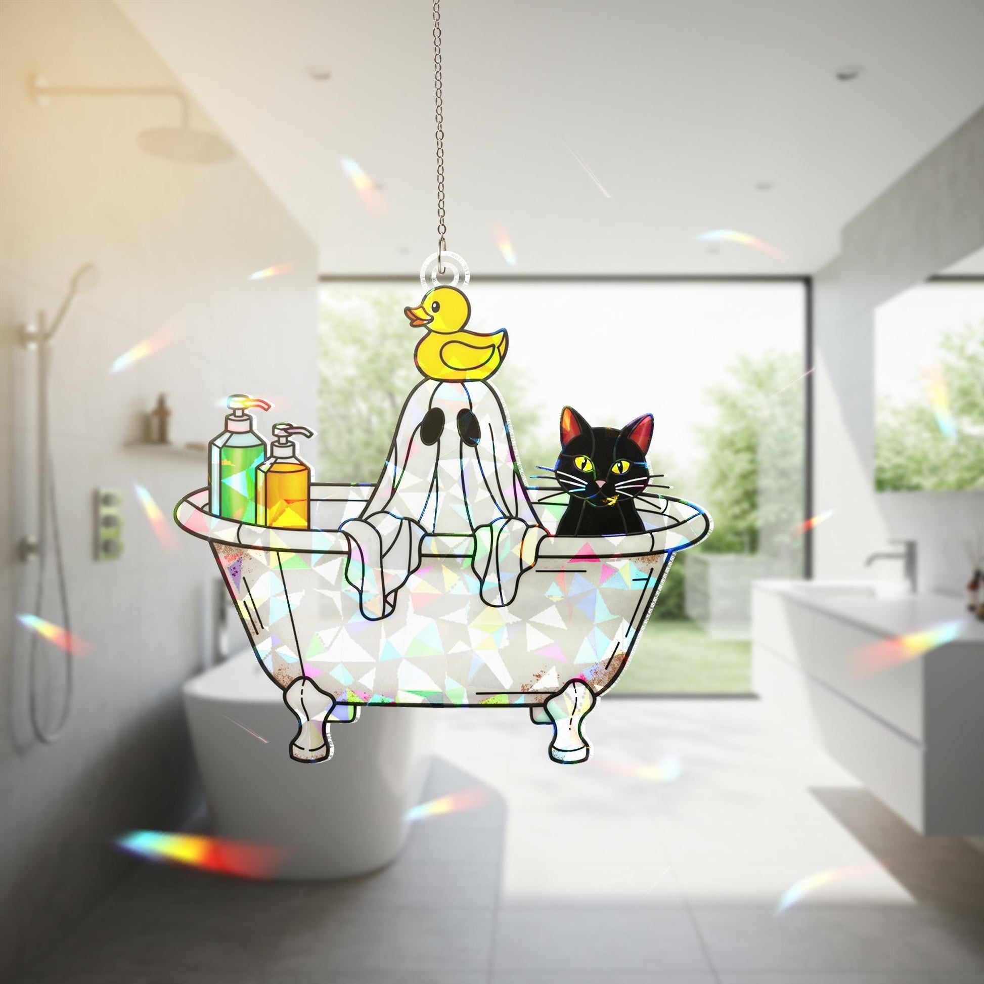 Halloween Ghost Bathtub Acrylic Suncatcher, Holographic Window Hanging, Cute Cat Ghost Decor, Spooky Bathroom Rainbow Maker