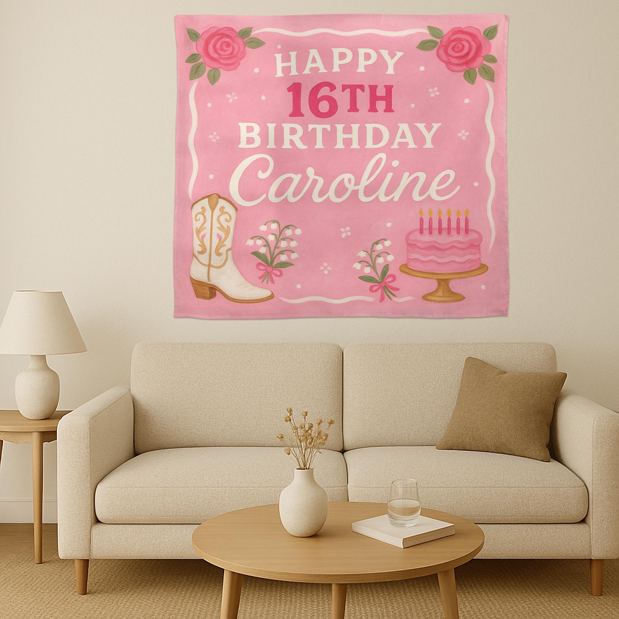 Sweet Girl Birthday Tapestry, Custom Name Pink Banner, Western Cowgirl Party Decor, Floral Cake Wall Hanging, Teen Girl Gift Sign,Bday decor