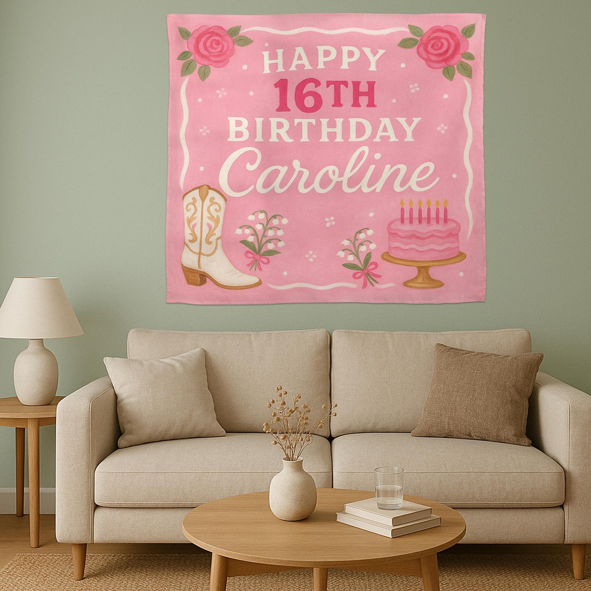 Sweet Girl Birthday Tapestry, Custom Name Pink Banner, Western Cowgirl Party Decor, Floral Cake Wall Hanging, Teen Girl Gift Sign,Bday decor