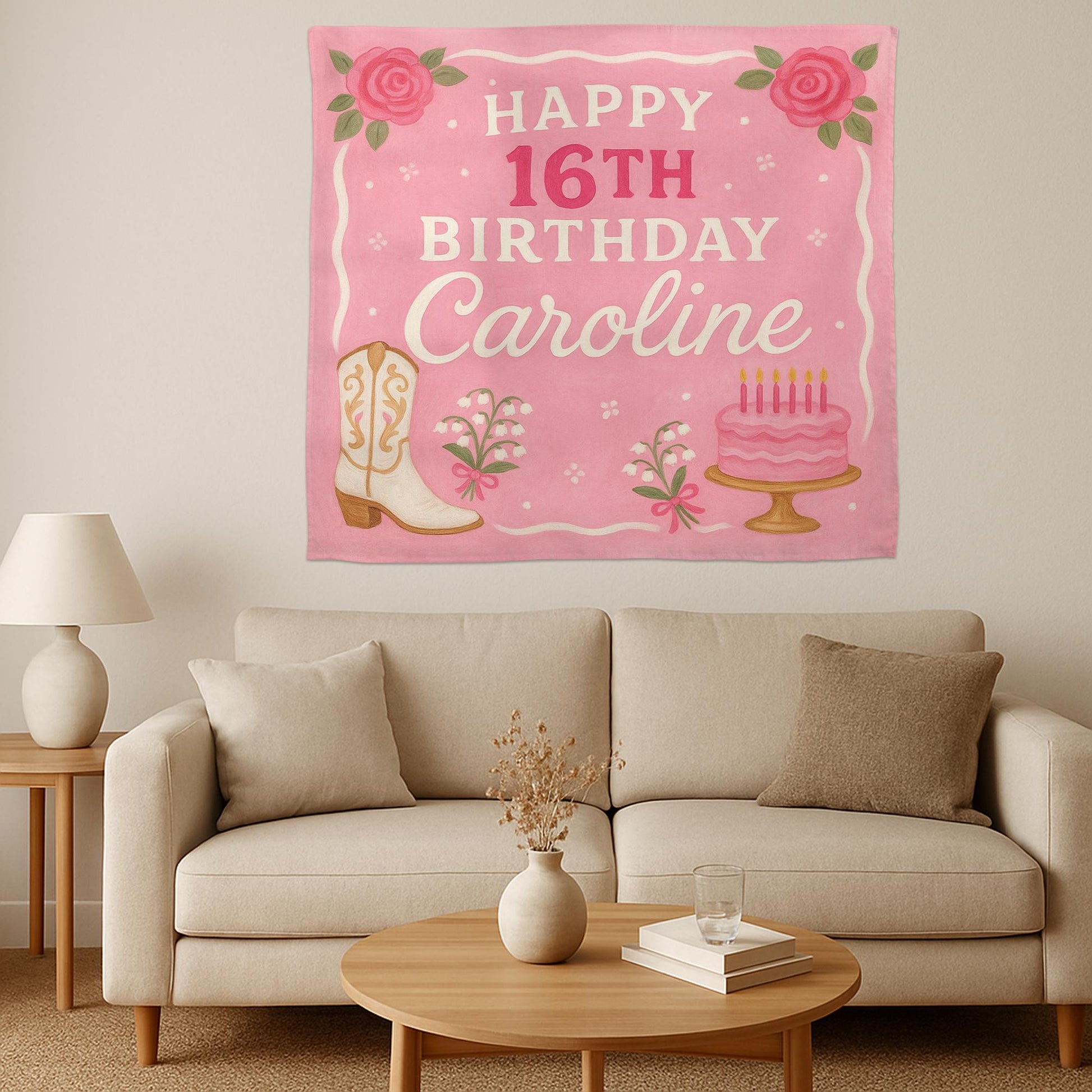 Sweet Girl Birthday Tapestry, Custom Name Pink Banner, Western Cowgirl Party Decor, Floral Cake Wall Hanging, Teen Girl Gift Sign,Bday decor