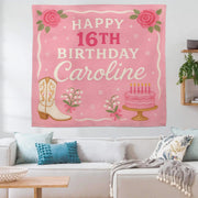 Sweet Girl Birthday Tapestry, Custom Name Pink Banner, Western Cowgirl Party Decor, Floral Cake Wall Hanging, Teen Girl Gift Sign,Bday decor