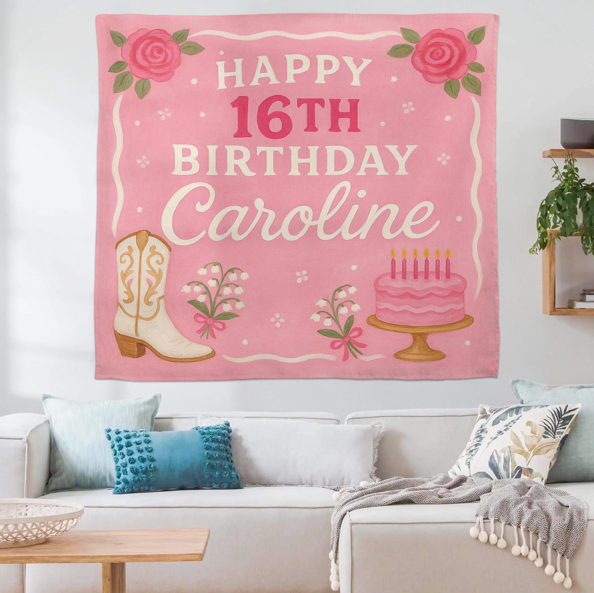 Sweet Girl Birthday Tapestry, Custom Name Pink Banner, Western Cowgirl Party Decor, Floral Cake Wall Hanging, Teen Girl Gift Sign,Bday decor