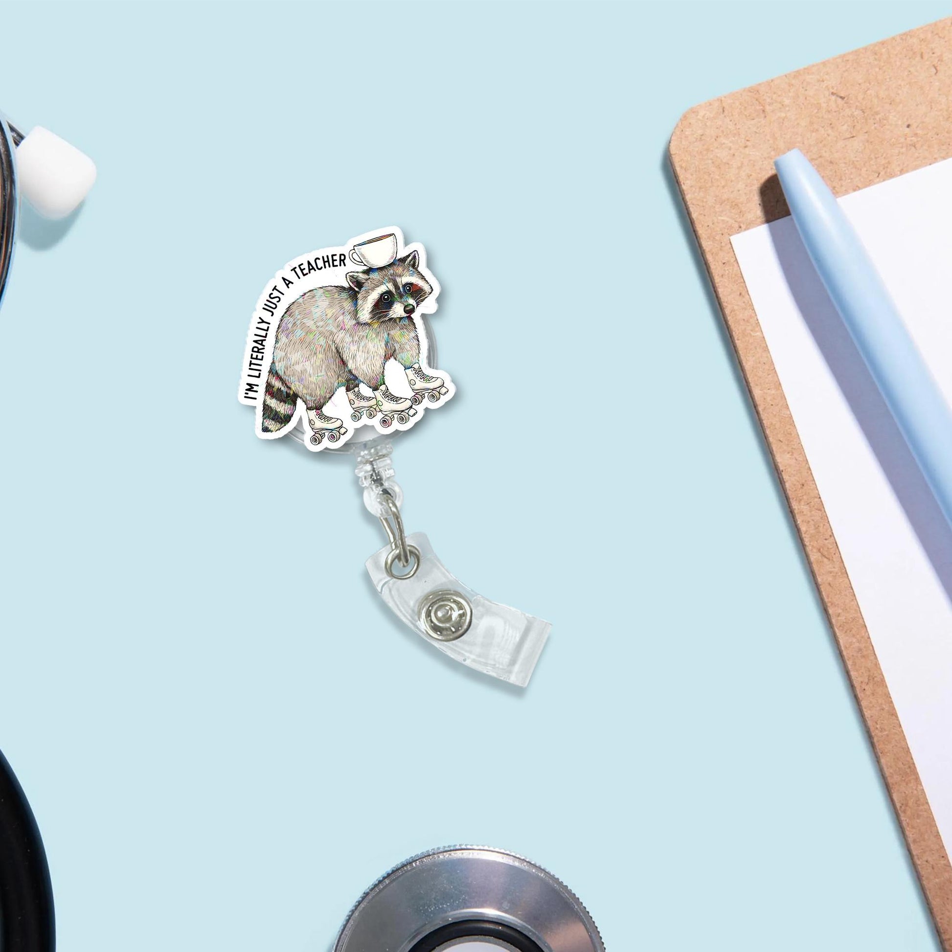 Funny Teacher Badge Reel, Raccoon Roller Skates ID Holder, “I’m Literally Just a Teacher” Badge Clip, Cute Gift for Educators
